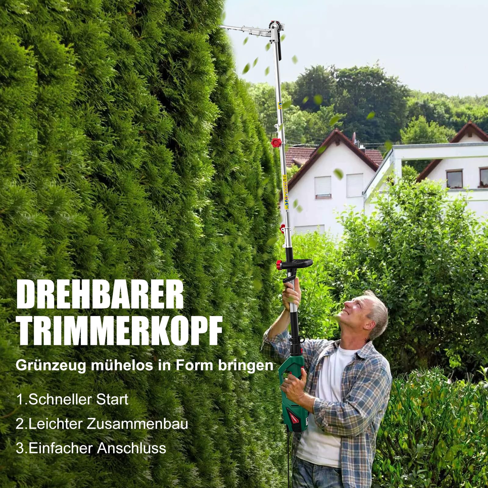 HYCHIKA Teleskopheckenscheren Elektrisch 900W, Heckenschere Teleskop-Astschere, Power Hedge Trimmer, Hochentaster 200-250 cm Verstellbare Reichweite, Schwenkbarer Kettensägenstab für Hof & Garten
