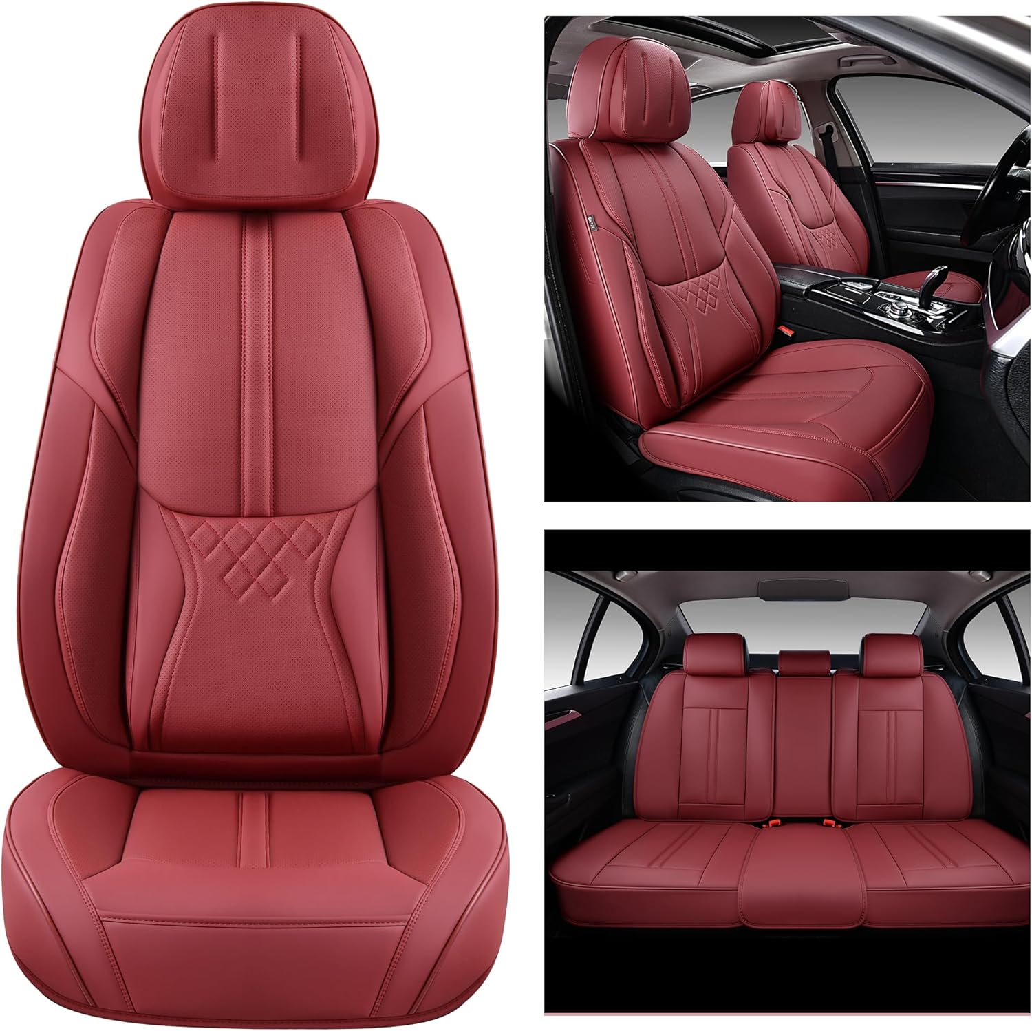Car Seat Covers Full Set, Front and Rear Seat Covers for Cars, Leatherette Auto Seat Protectors Car Interior Accessories, Car Seat Cushions Fit for Most Sedans SUV Pick-up Truck, WineRed