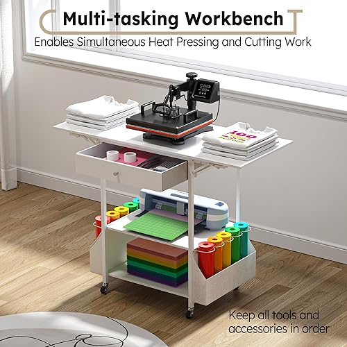 Miniatura 5 de Crafit Crafit - Mesa de prensa de calor móvil con bandeja extraíble, soporte de prensa de calor plegable de 4 niveles con estación de carga para