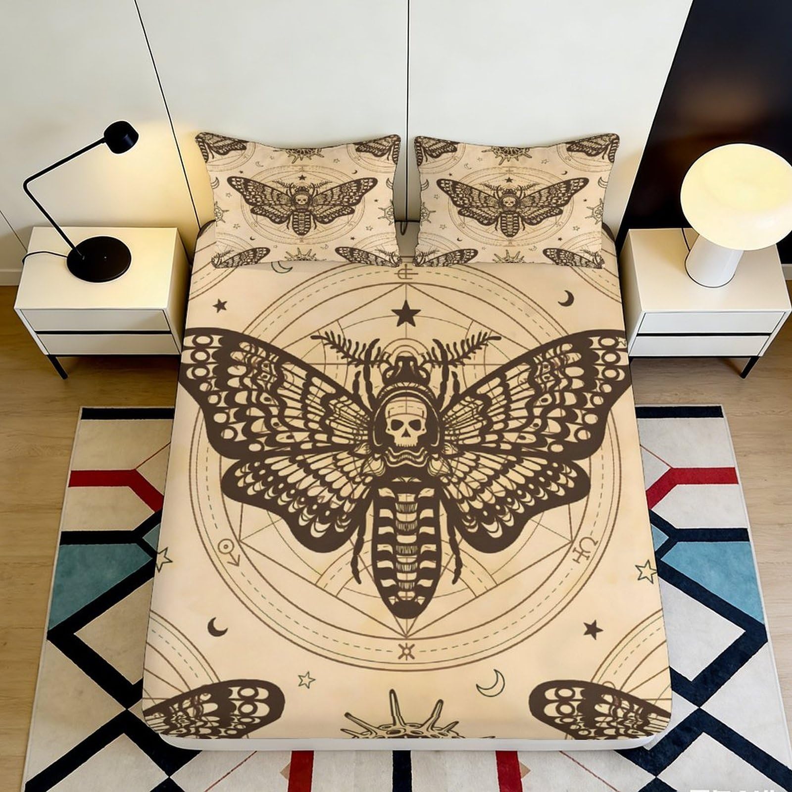 3D Printed Gothic Skull Moth Fitted Sheet Microfiber Beige Mandala Bed Cover for Bedroom Dorm Mattress Decor 160x200x25cm