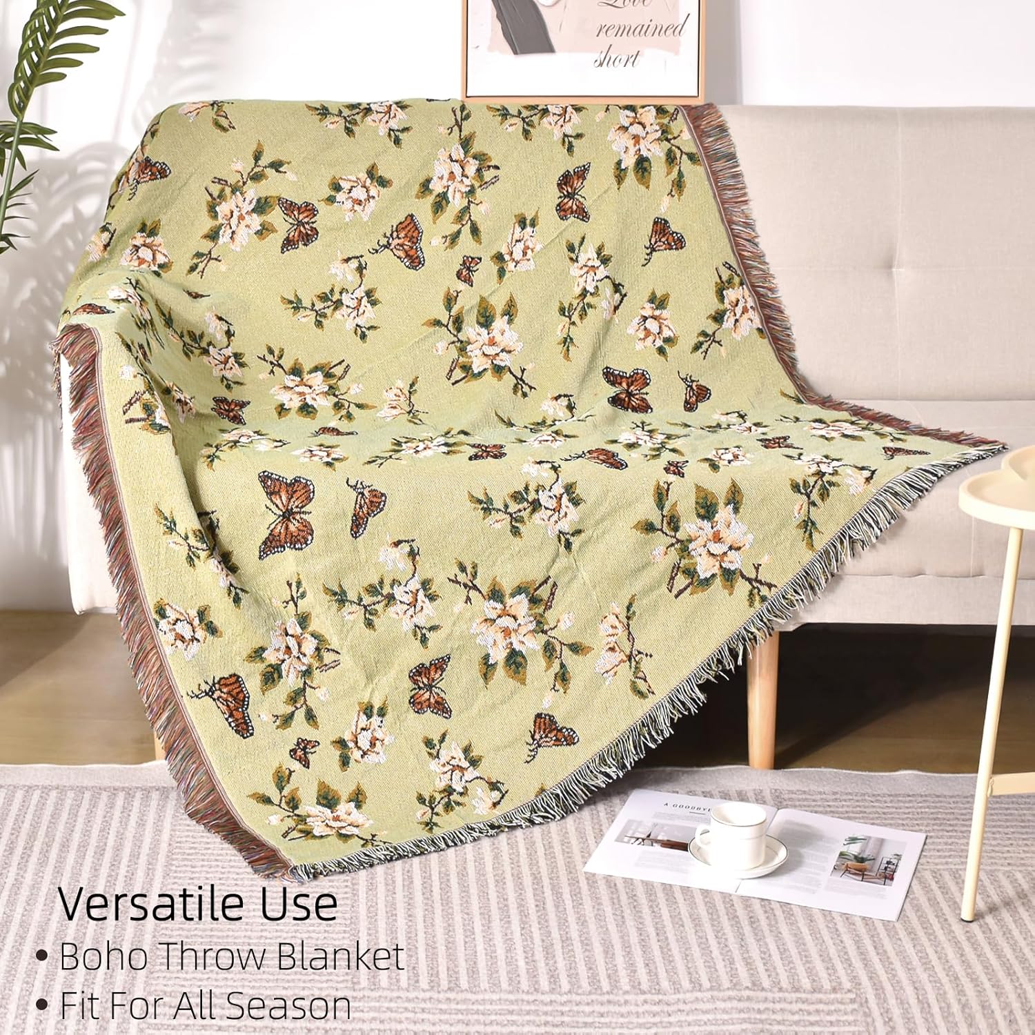 Pattern Throw Blanket for Couch, Throw for Bed, Outdoor Blanket, Retro Decor,51"×63" All Season Ultra Soft Butterfly Throw Blanket with Tassels for Sofa Chair, Green - Image 2