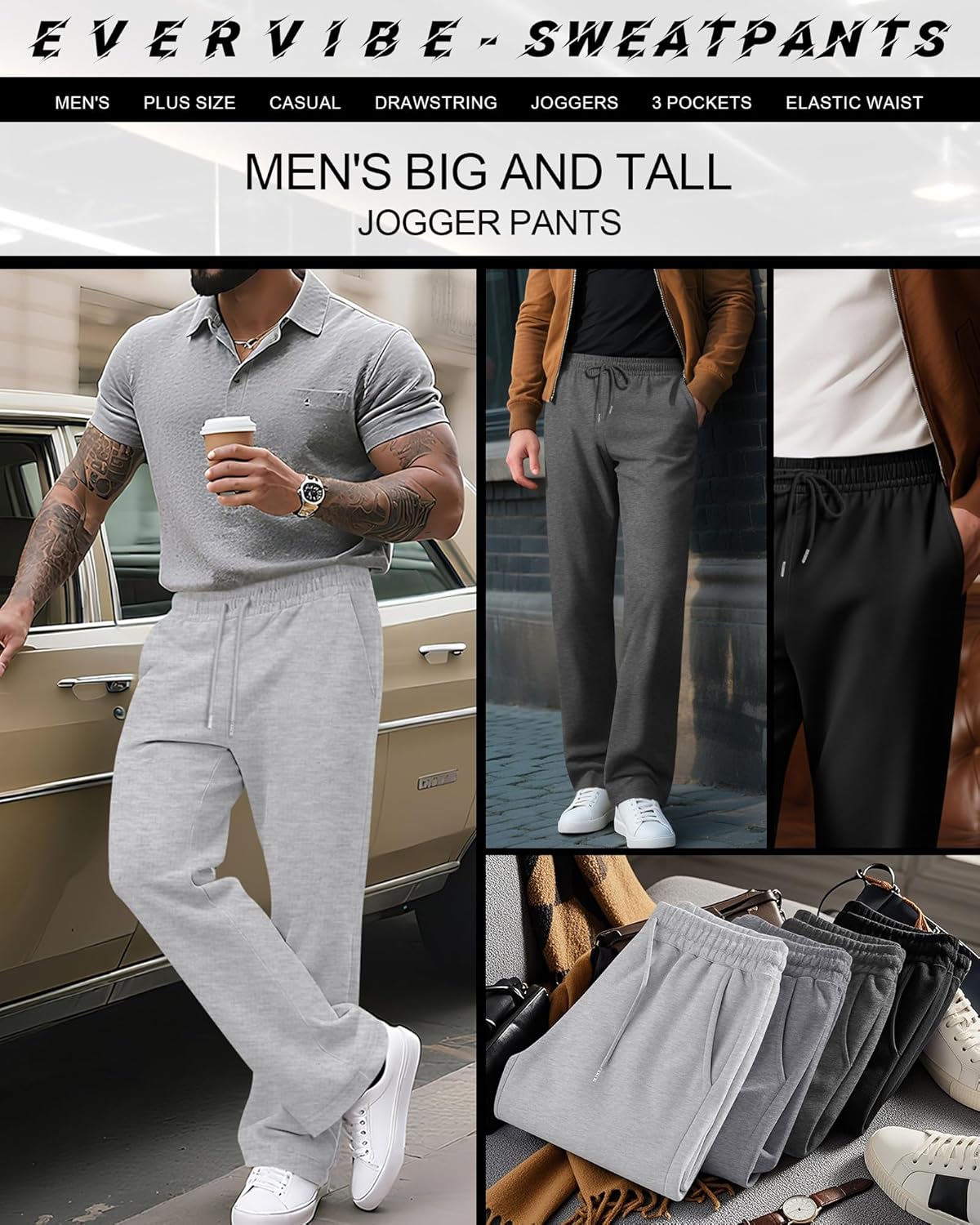 4 Pack Men's Big and Tall Sweatpants Thin Athletic Workout Joggers Baggy Lounge Drawstring Plus Pants with Pockets