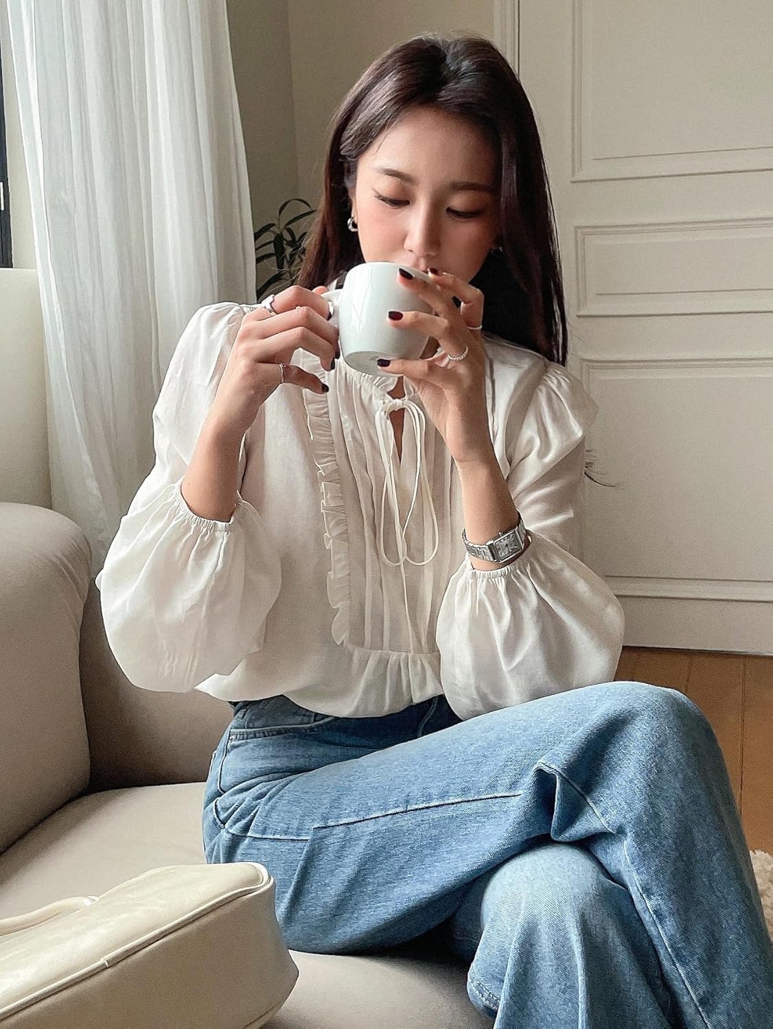 Women's Classic-Fit Shirt Ruffle Trim Tie Neck Long Sleeve Blouse