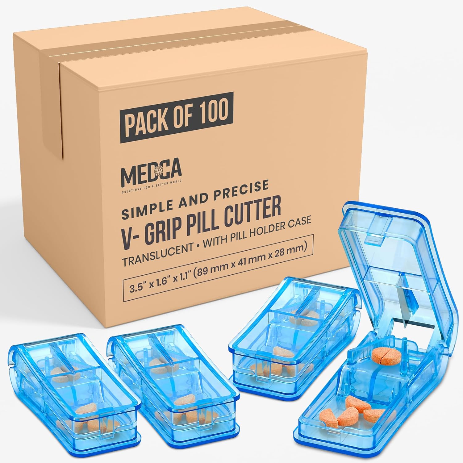 Pill Cutter - V- Grip Pill Crusher and Cutter for Vitamins, Big & Small Pills, and Medication - Transparent Pill Splitter with Pill Holder Case to Split (Bulk Case Pack of 100)