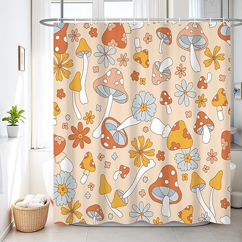 Miniatura 13 de Renaiss Juego de cortinas de ducha de 72 x 72 pulgadas, diseño de hongos bohemios, retro de los años 70, flores naranjas, flores, divertidos,