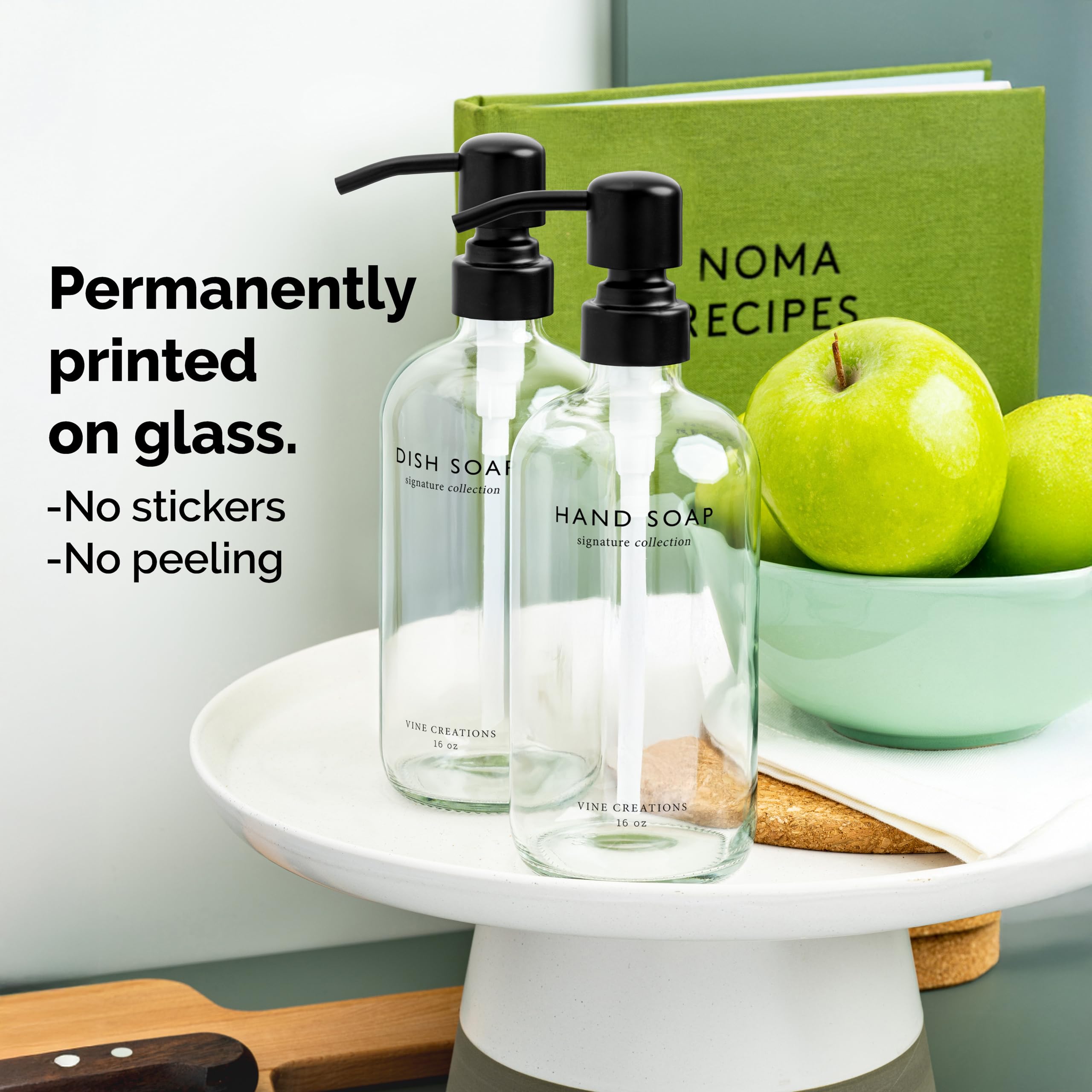 Vine Creations Dispenser di sapone in vetro trasparente, set di dispenser di sapone e sapone per le mani con pompa in acciaio inox, dispenser in vetro da 16 once per decorazione cucina e bagno