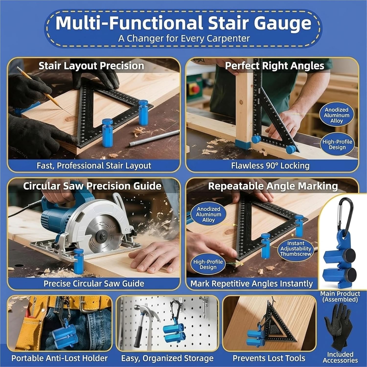 Right-Angle Ruler Clamp, Tall Stair Gauges for Framing Square, Framing Square Attachment Jigs, Carpentry & Circular Saw, Anti-Slip, Secure & High-Profile(2Pcs Blue)