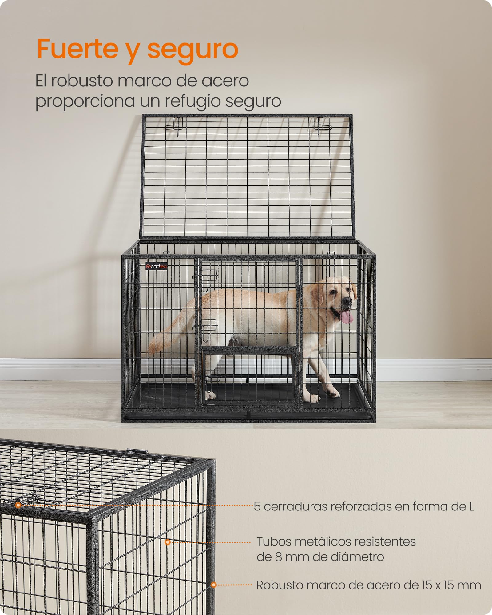 Feandrea Jaula Pesada para Perros, Jaula de Mascotas, 122 x 75,5 x 80,5 cm, para Perros Medios y Grandes, Antiescape, Doble Puerta Extraíble, Parque, XXL, Gris PPD003G01