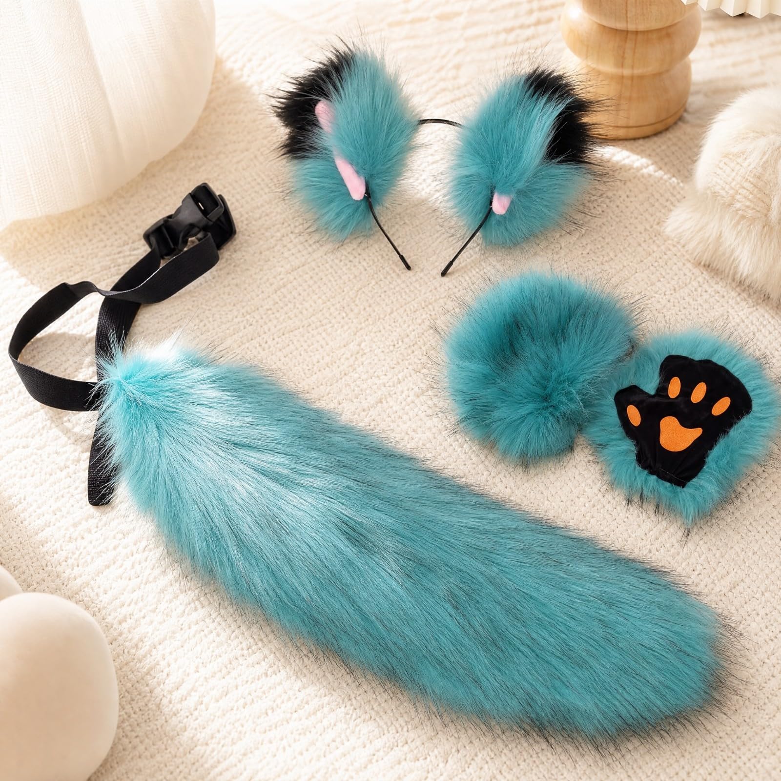 Tier-Kostüm-Set mit, Ohren-Stirnband und Pfotenhandschuhen Plüschig Cosplay-Tier-Ensemble Bequem -Kostüm-Set für Halloween, Conventions