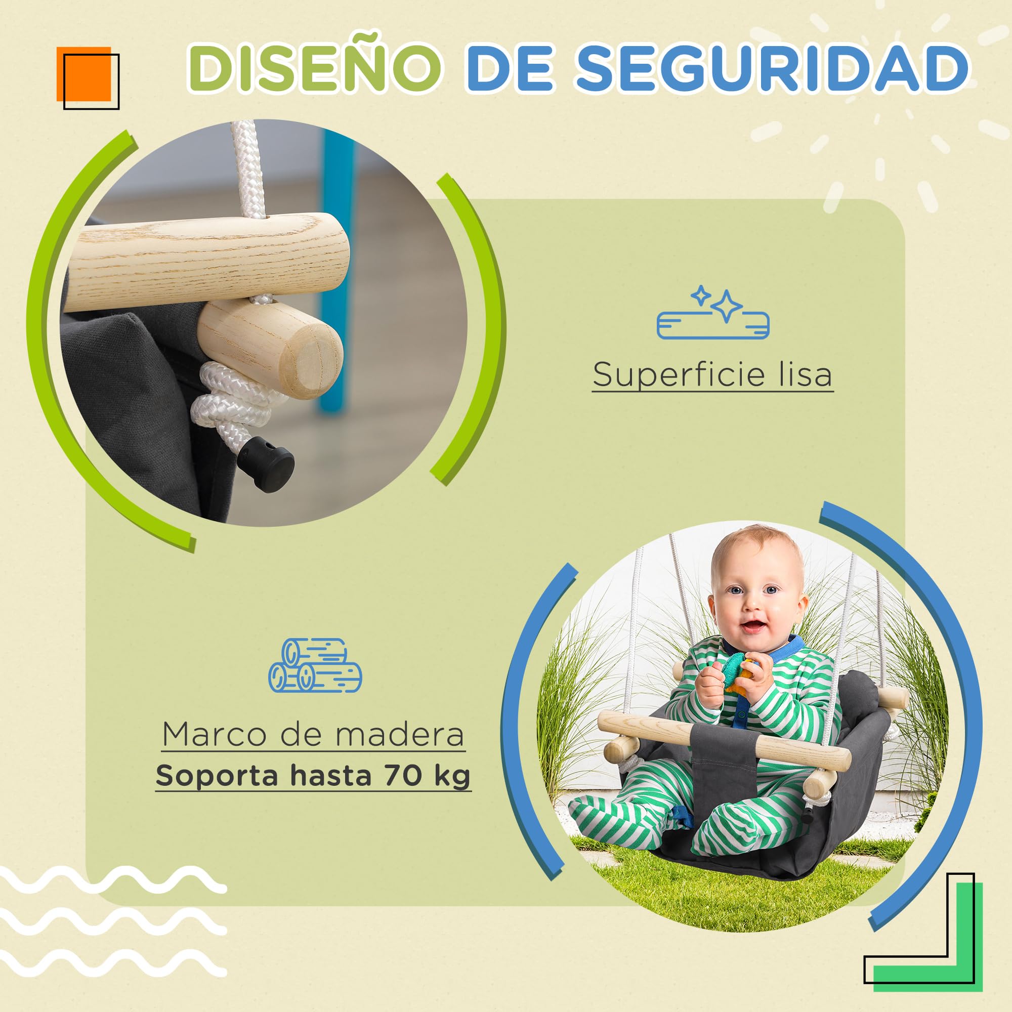 AIYAPLAY Columpio para Bebés 9-36 Meses 40x40x110-180 cm Gris Oscuro | Columpio Infantil, Asiento Acolchado, Cuerdas Ajustables, Carga 70 kg, para Interiores y Exteriores