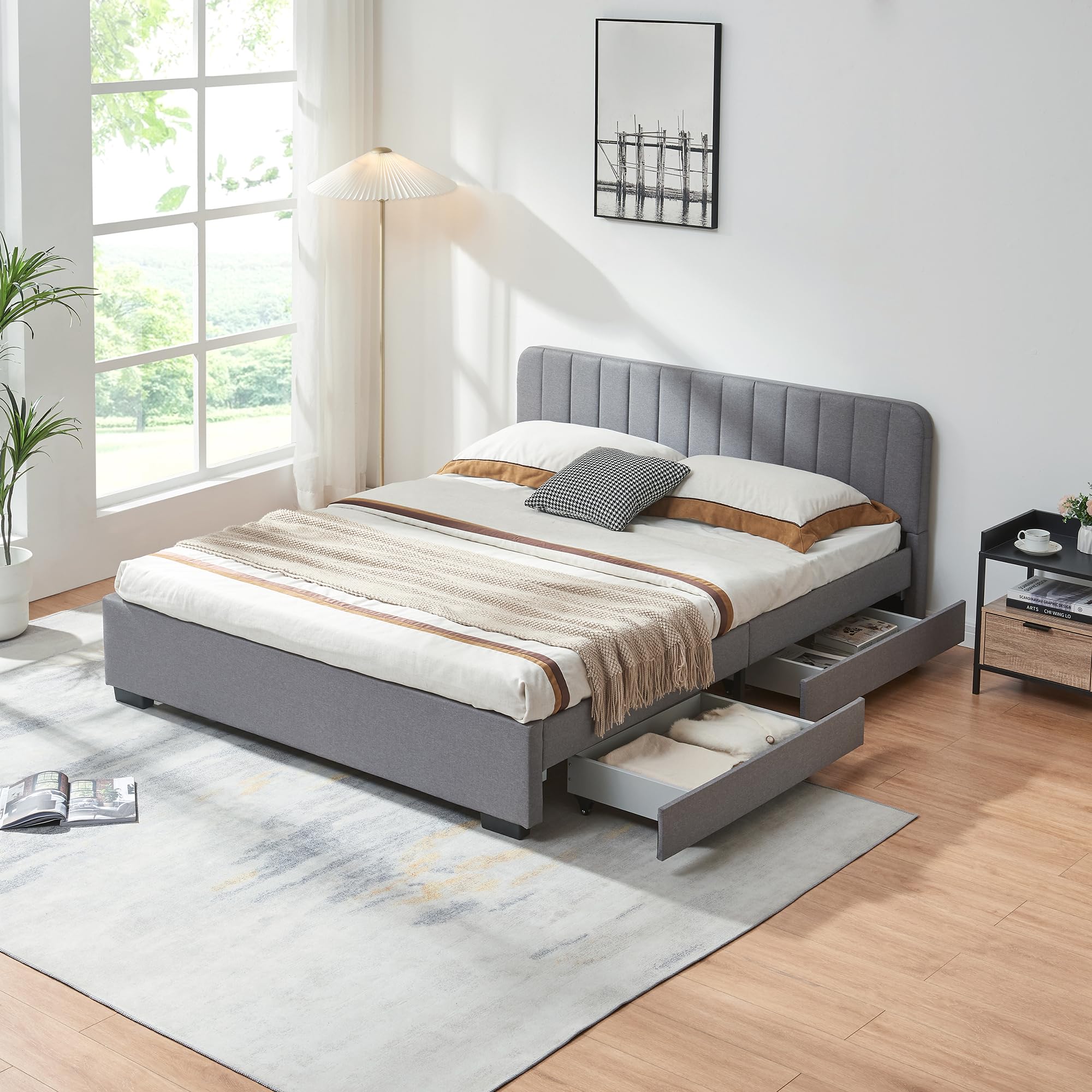 en.casa Polsterbett Nofrenna Doppelbett mit 4 Schubladen, gepolstert, 140 x 200 cm, Leinenbezug Grau