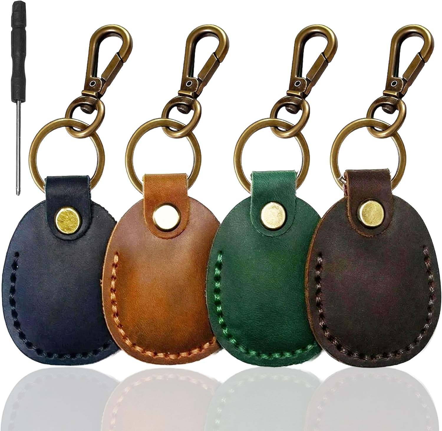 Timyca Genuine Leather 4 Pack for Apple AirTag Holder [Fit Tightly Design] [Easy to Install] [Hold Securely] with Metal Keychain for Kids,Pet,Luggage,Backpack,Keys
