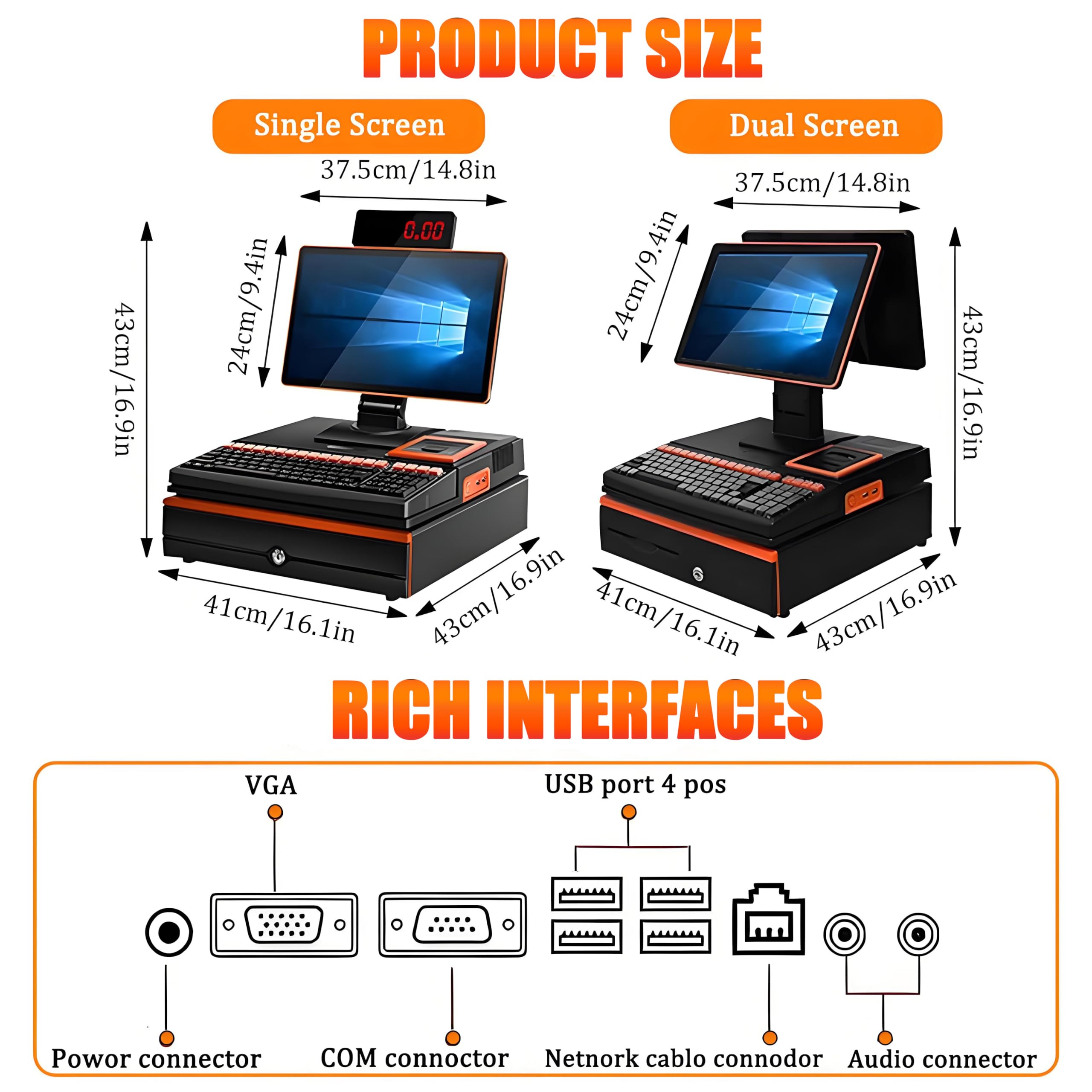 Caisse Enregistreuse Tout-en-Un,Écran Simple/Double de 15,6 Pouces, Imprimante de Reçus Intégrée, Tiroir-Caisse pour Supermarchés Restaurants et Vente au Détail SingleScreen-Black&Orange