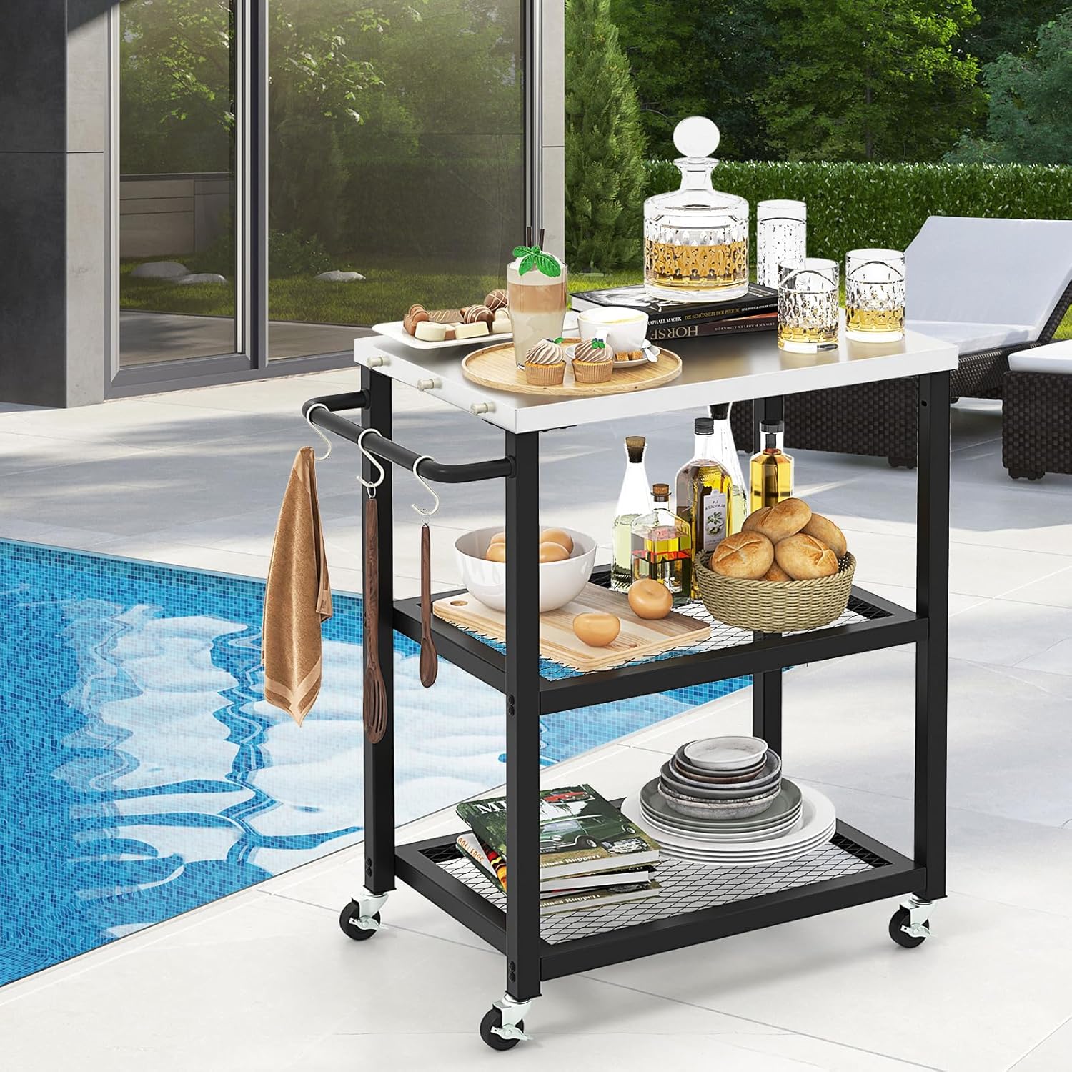 Giantex Outdoor Grill Cart - Movable Pizza Oven Stand with Stainless Steel Top, 2 Storage Shelves, 9 Hooks, Food Prep Cooking Table with Lockable Wheels, Dinning Serving Cart for Kitchen BBQ Party