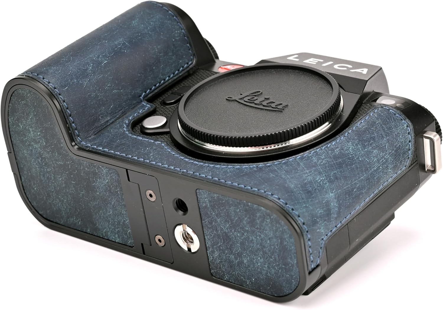 Handmade Genuine Leather Camera Half Case for Leica SL3/Leica SL3s Case - Top Layer Cowhide Body + Metal Base Plate - Hand Shank Design(Dark Blue)