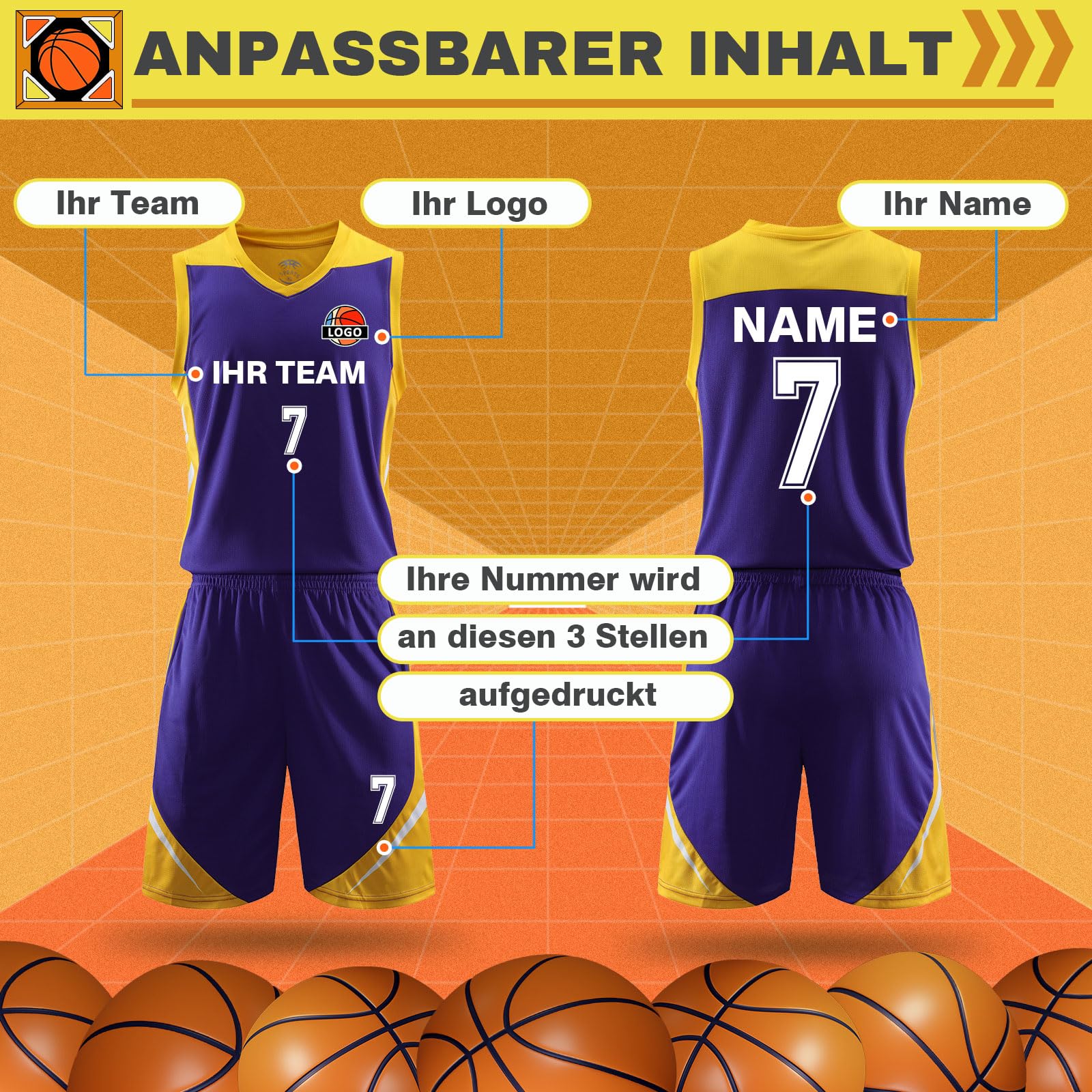 Benutzerdefiniert Basketball Trikot mit Eigenem Namen Kinder Nummer Team Logo Basketball Shirt & Short