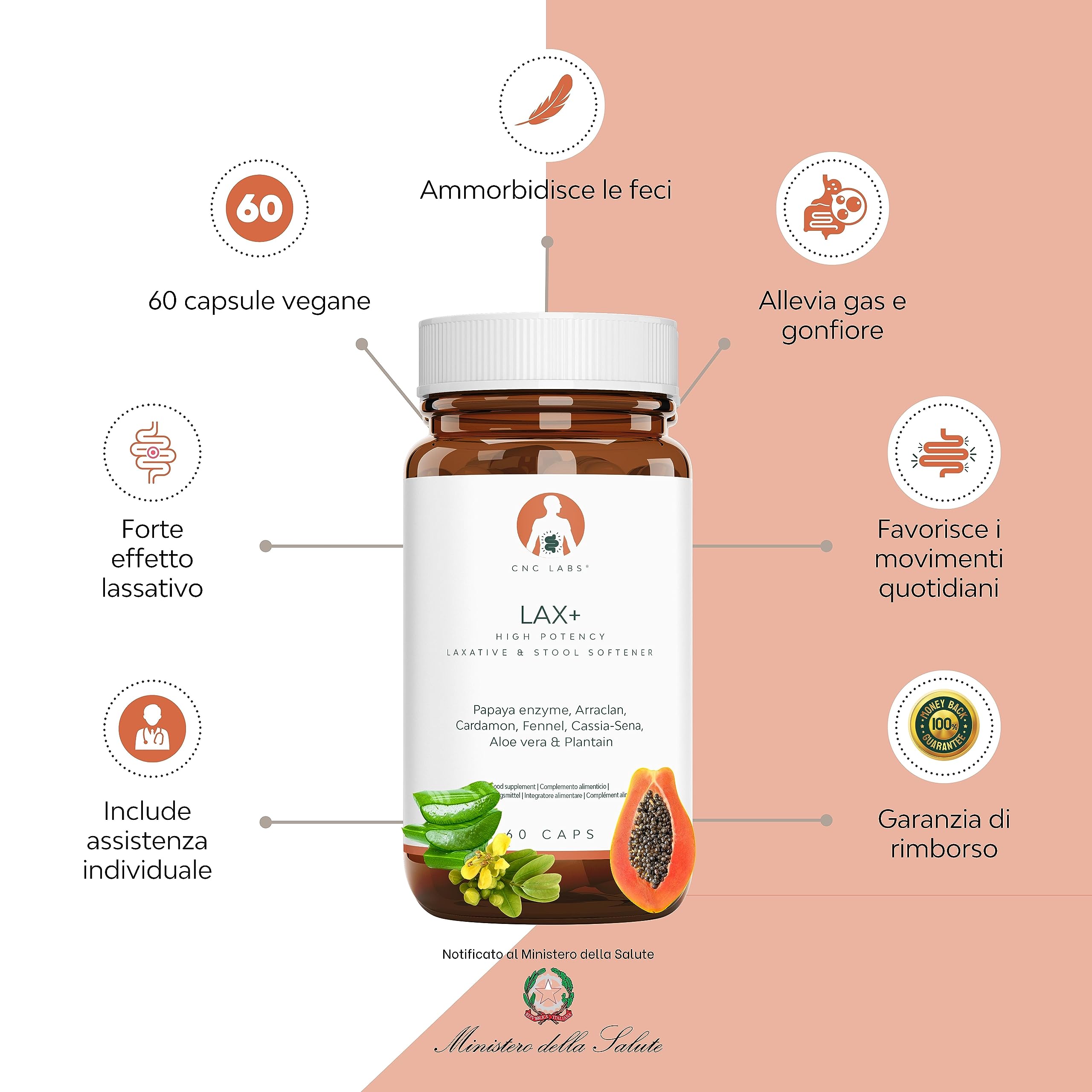 LAX+ Integratore Alimentare 2x Bottiglie con Senna, Papaya, Finocchio, Aloe e Piantaggine – 120 Capsule