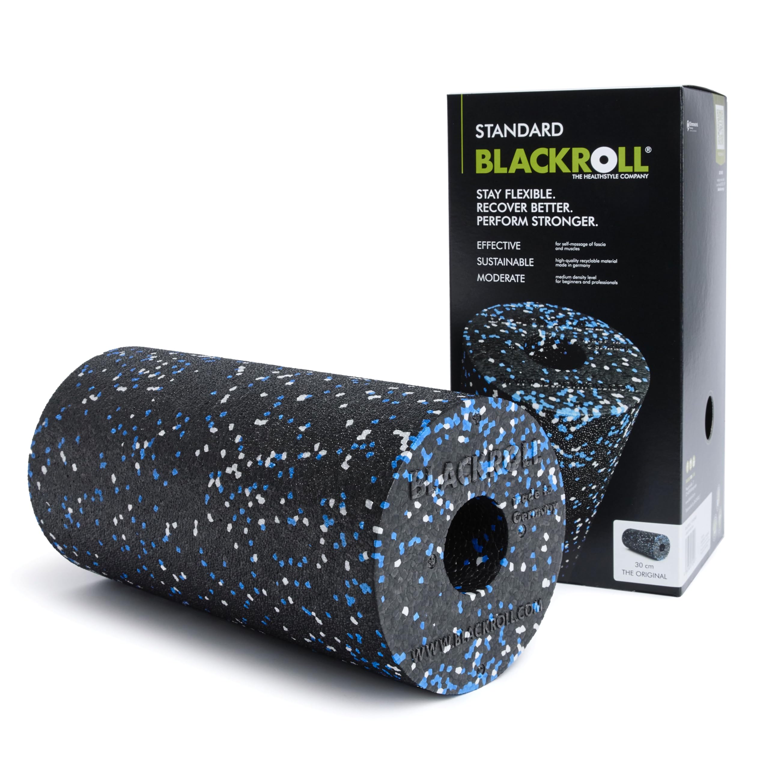 BLACKROLL® STANDARD Rouleau pour Fascia Original (30 x 15 cm), Rouleau de fitness pour automassage du dos et des jambes, Efficace pour l´entrainement fonctionnel, dureté moyenne, Fabriqué en Allemagne