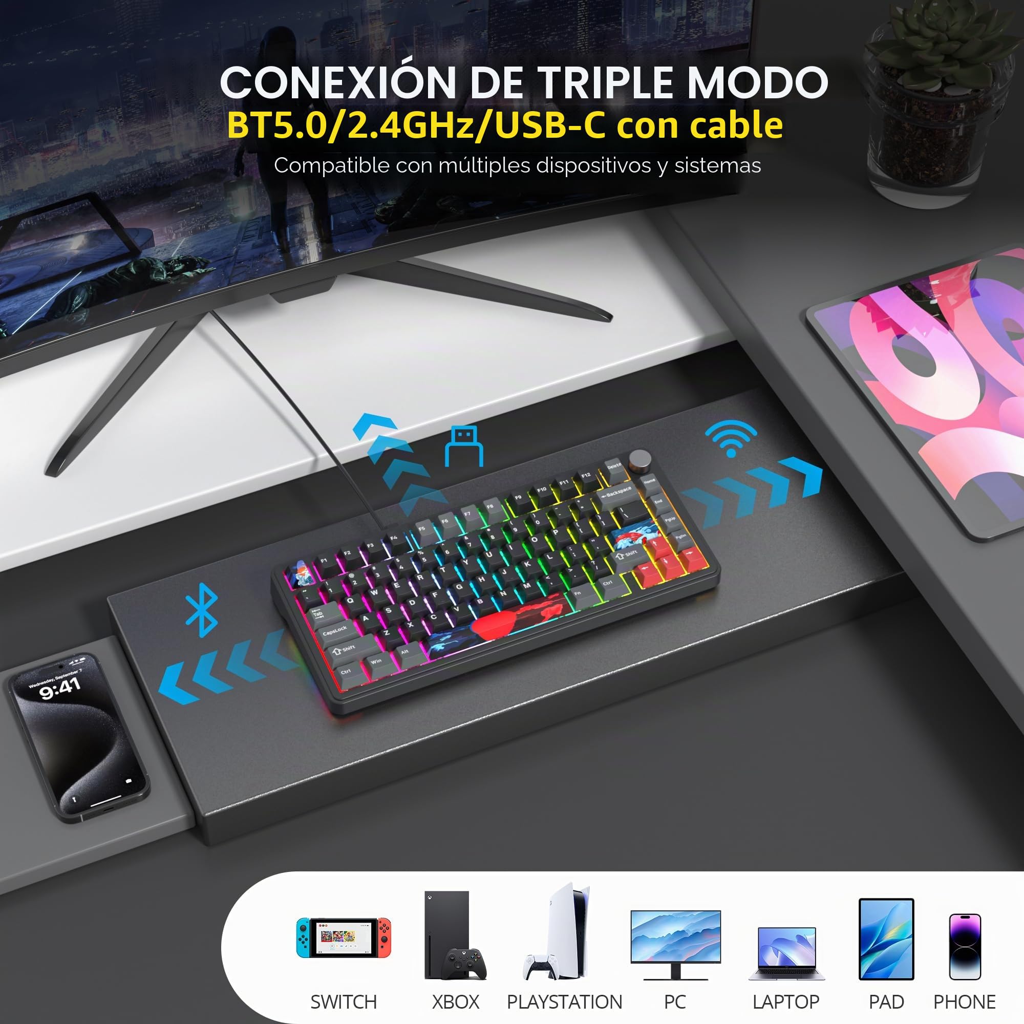 Teclado inalámbrico con Gasket, TKL Wireless Gaming Keyboard Bluetooth/2.4 GHz/USB, America QWERTY, Interruptor prelubricado para PC, Mac Win, M75 Shadow Red