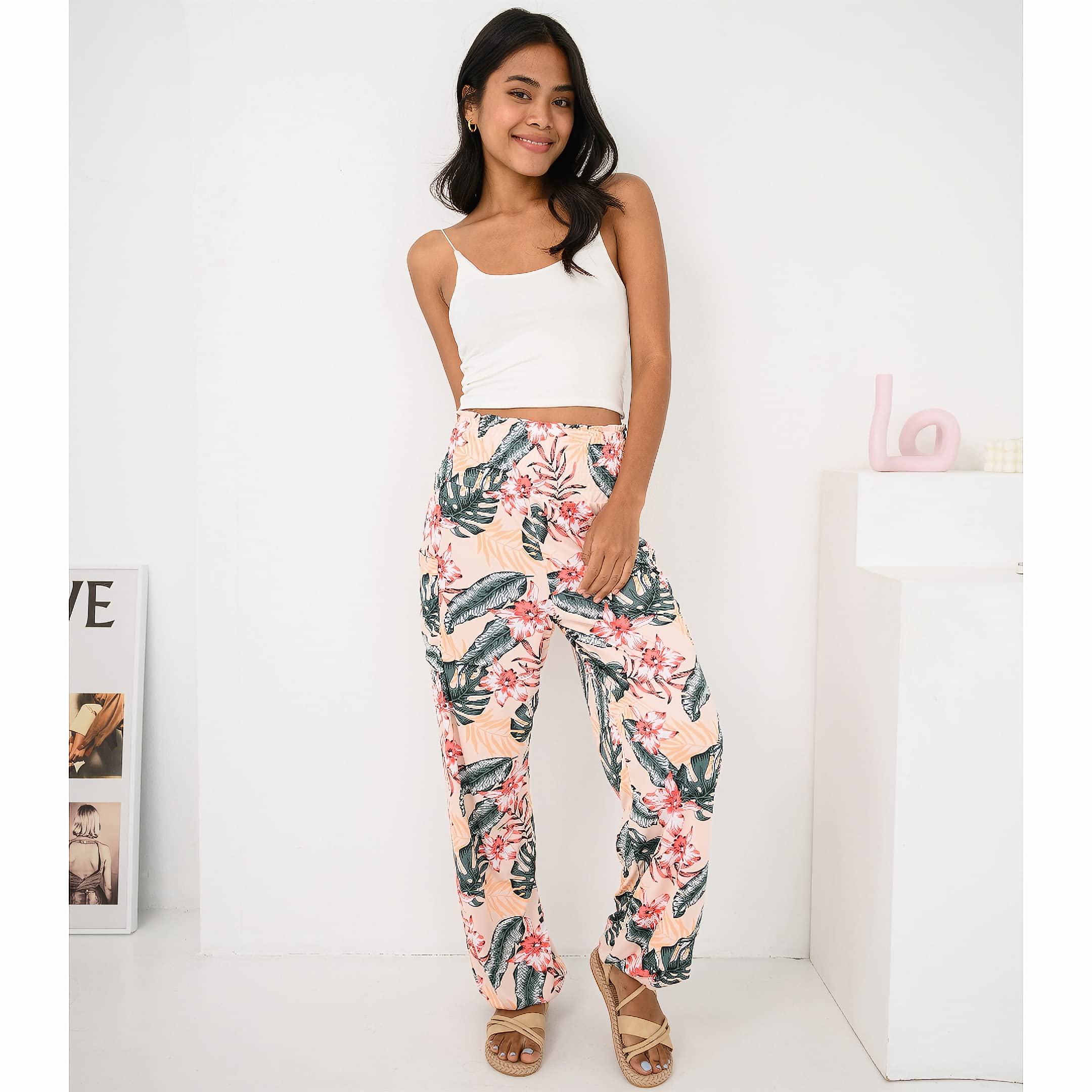 Anthika Women's Harem Pants High Waist Hippie Boho Yoga Palazzo Casual with Pockets (XXL,3XL, Plus, Regular, Salmon Pink Flower, Relaxed)