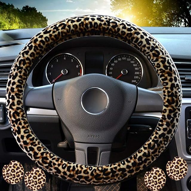 Leopard-Printed Steering Wheel Cover for Women, Leopard Steering Wheel Covers with BONUS 4PCS Leopard Car Cups Coasters, Leopard Car Accessories.