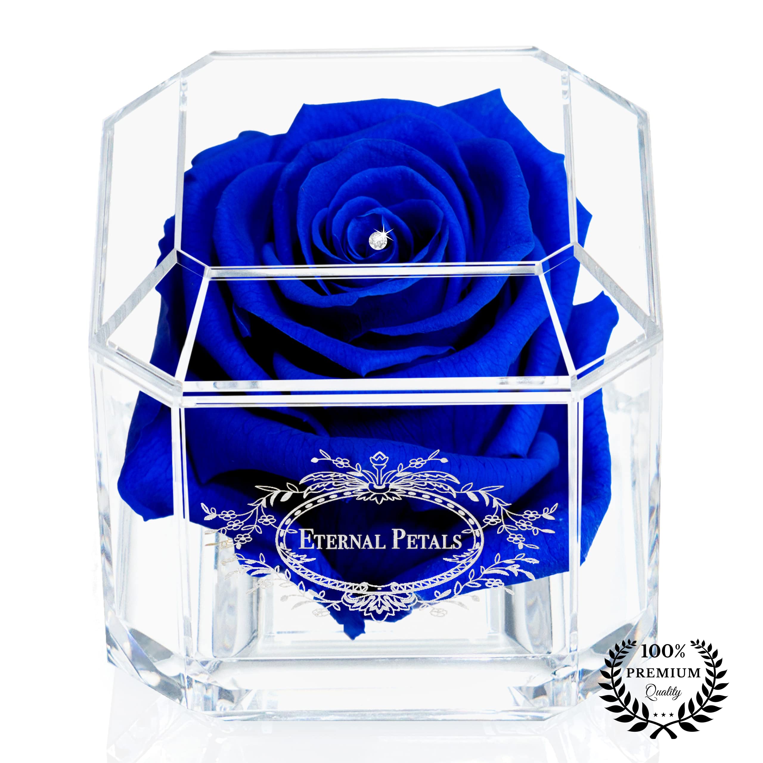 Eternal Petals A 100% Real Rose That Lasts A Year - White Gold Solo with Swarovski Crystal (Dark Blue)
