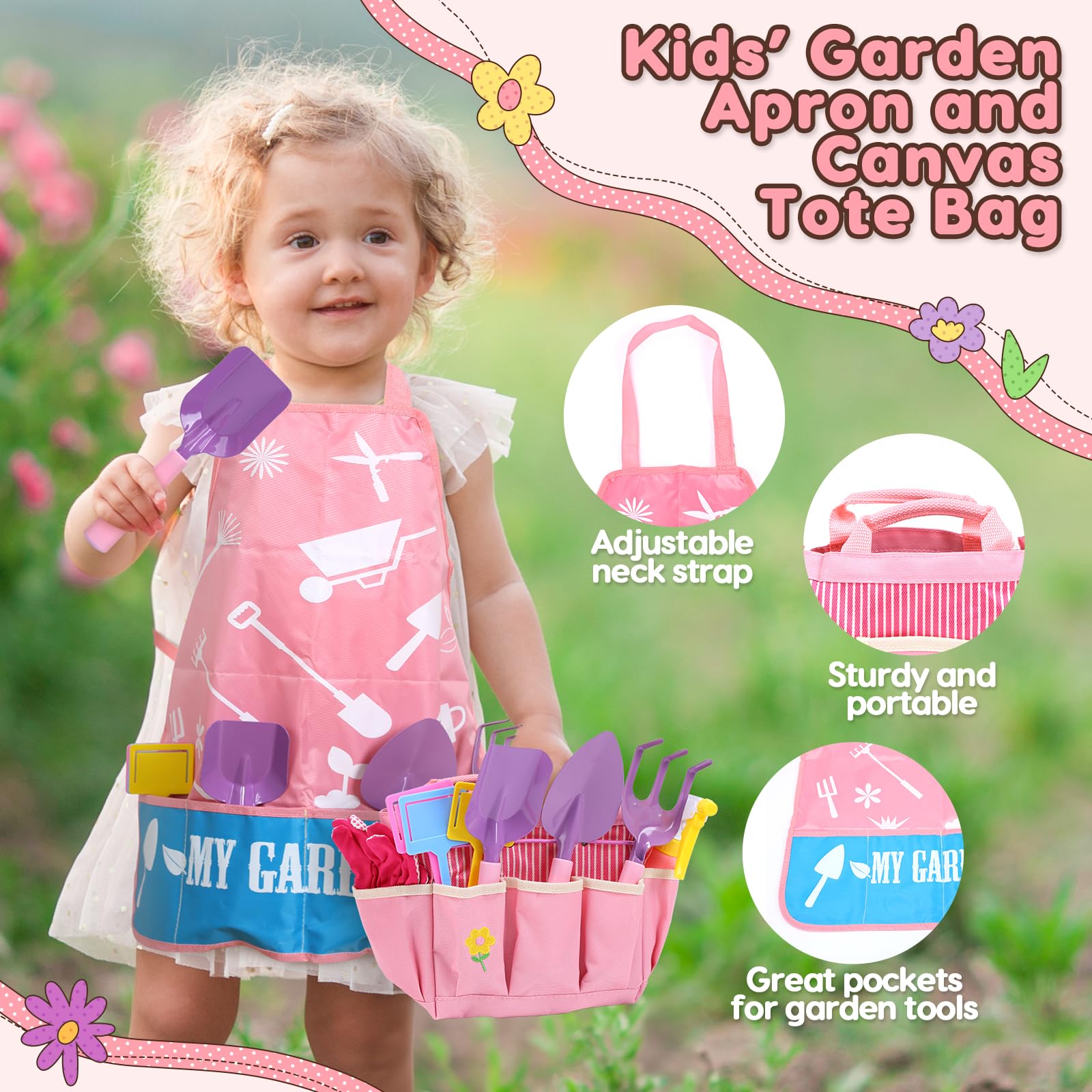CUTE STONE Set Di Attrezzi Da Giardino per Bambini, Kit Giardinaggio Bambini Include Grembiule, Guanti Da Giardino, Paletta Giardinaggio, Borsa Da Giardinogiocattoli da esterno per bambini (Rosa).