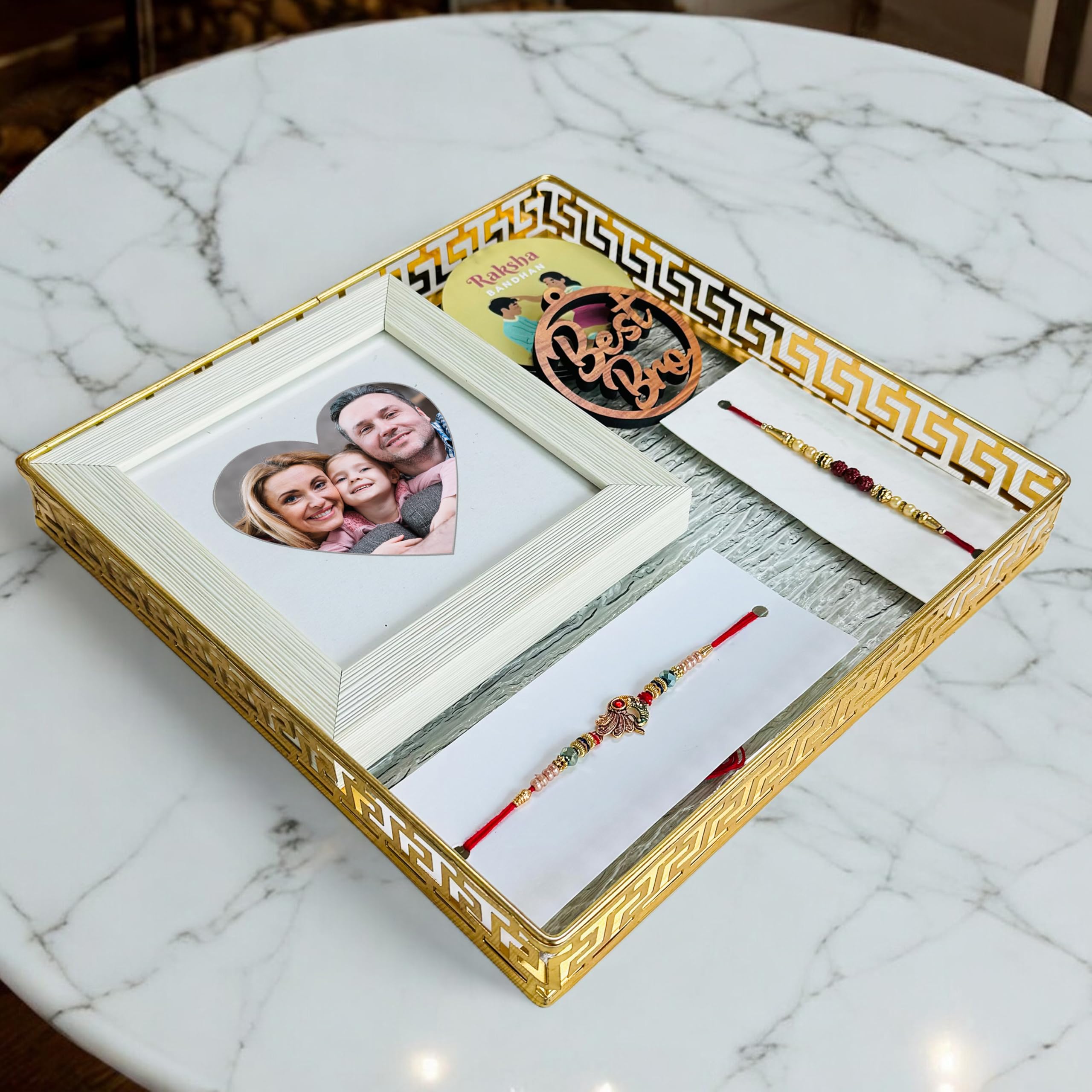 Art Street Rakhi Gift Hamper Combo Set -Two Rakhi for Brother, Best Bro Keychain, One 5x5 Inch Photo Frame with Heart Shape, Square Shape Tray, Three Fridge Magnets