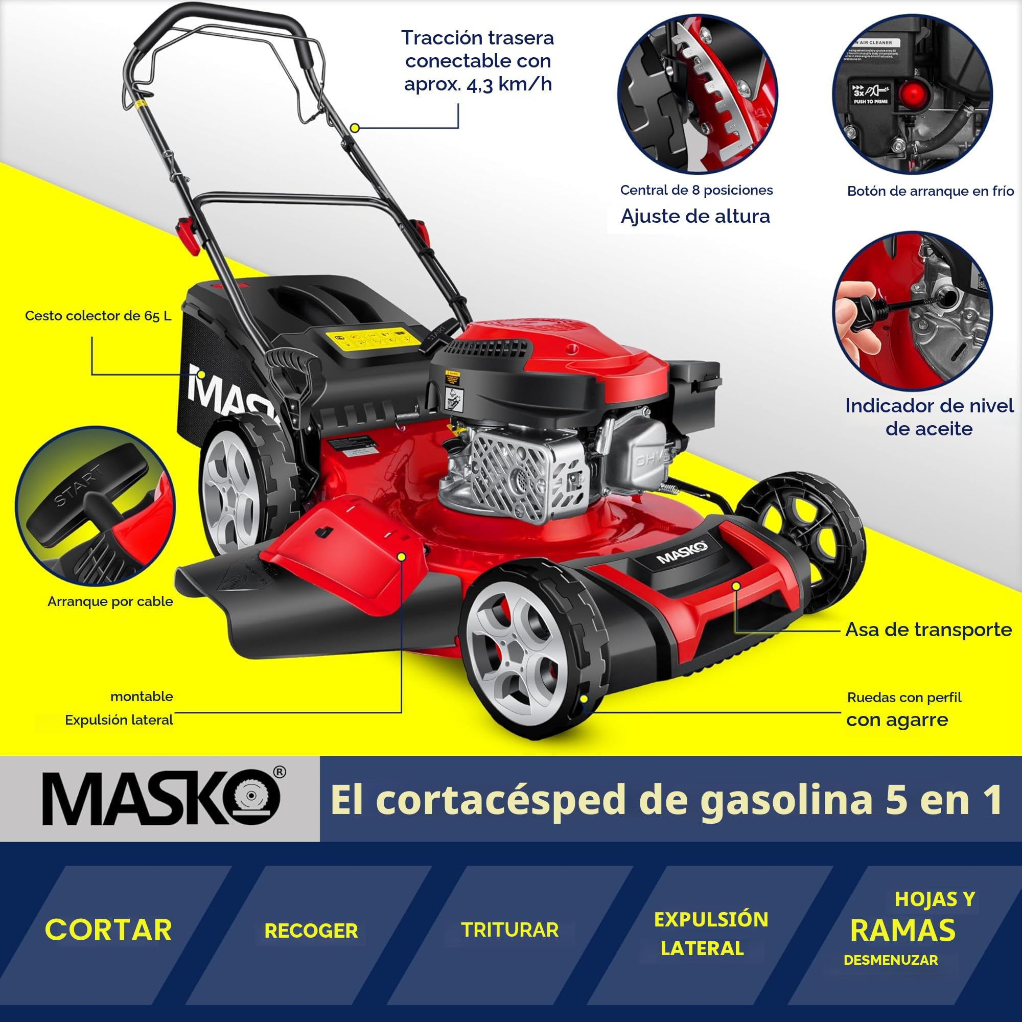 MASKO® Cortacésped de Gasolina, 5 en 1, accionamiento de Ruedas, función de Limpieza, función de mantillo, expulsión Lateral, Ancho de Corte 8 Veces, Ajuste de Altura de Corte, Motor de 4 Tiempos