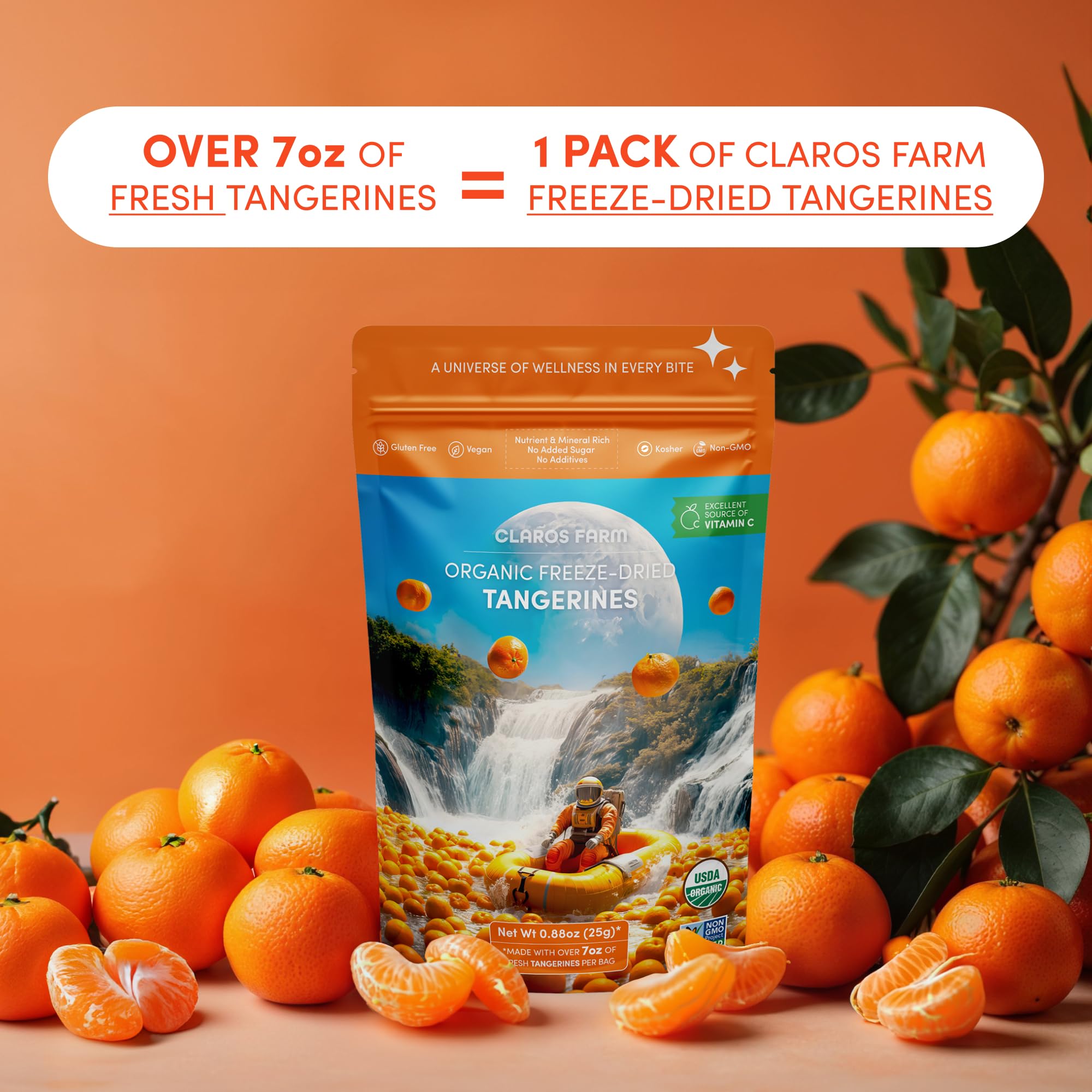 Claros Farm Organic Freeze-Dried Tangerines (25g) – Single-Ingredient, Resealable Dried Fruit Snacks w/No Sugar Added – Vegan, Gluten-Free, & Organic Fruit Snacks for Kids, Travel, & Baking
