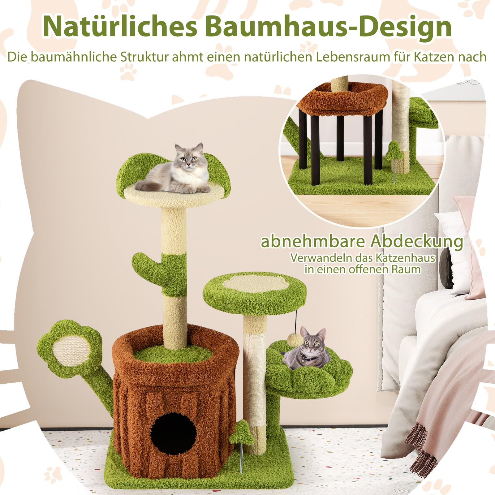 COSTWAY Kratzbaum, Katzenbaum mit Katzenhöhle, Plattformen, Plüsch-Schlafbett, Ball & Brett, Katzenkratzbaum Katzen Katzenmöbel, Kletterbaum Aktivitätsbaum, Grün + Braun (55 x 40 x 92 cm)