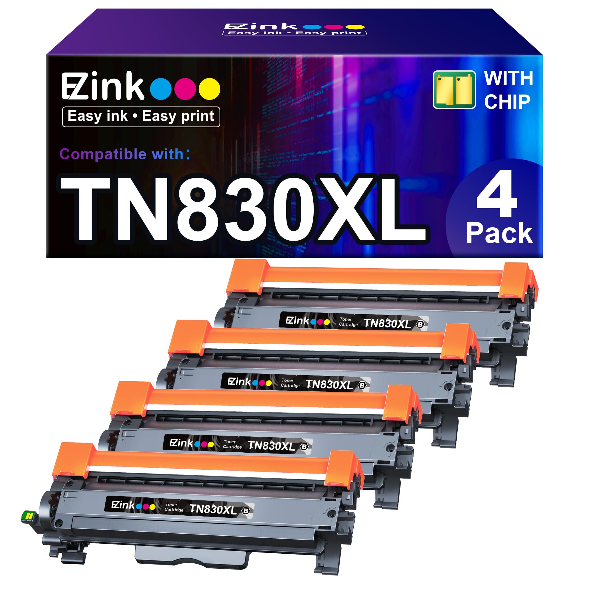 E-Z Ink Compatible TN830XL Toner Cartridge Replacement for Brother TN830XL TN830 830XL Toner Cartridges for Brother Printer HL-L2460DW DCP-L2640DW HL-L2480DW HL-L2400D HL-L2405W MFC-L2820DW (4 Black)
