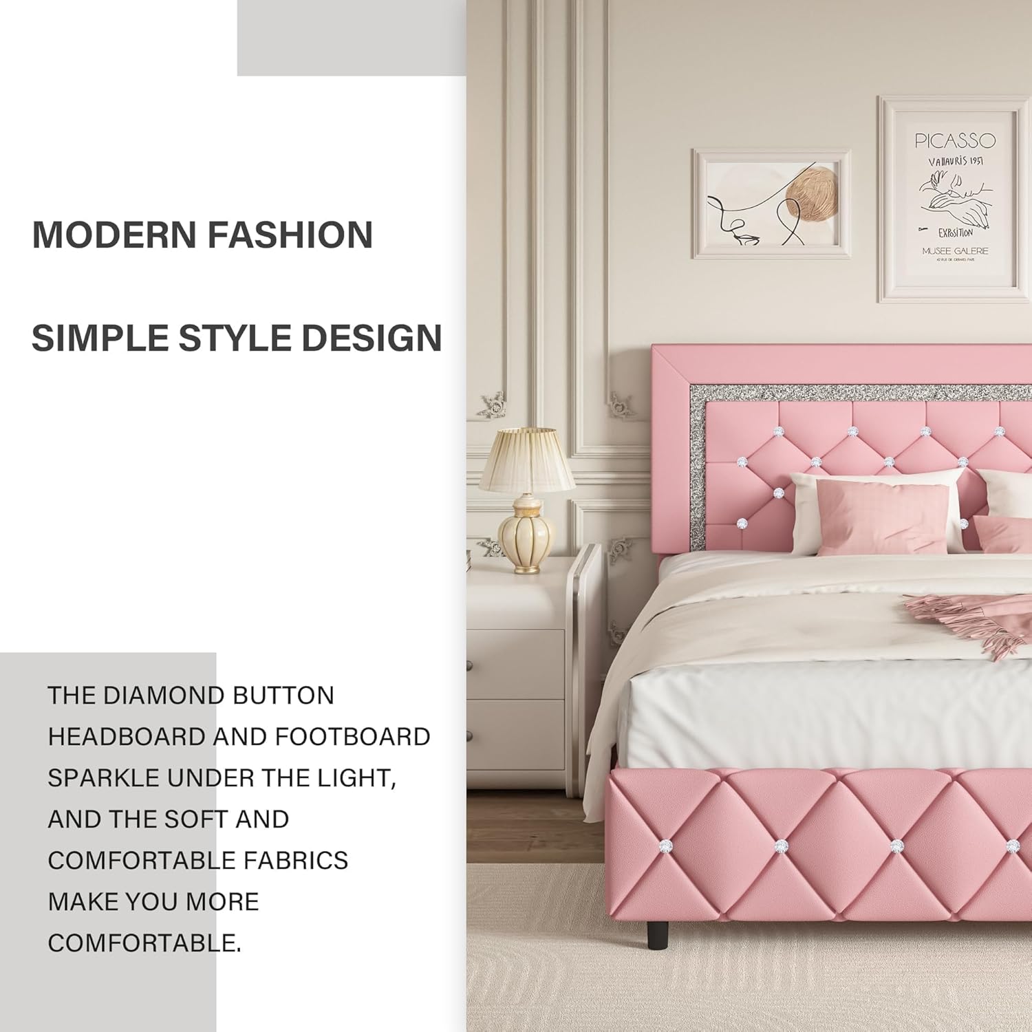 BarnFurin Queen Bed Frame with Headboard, Faux Leather Upholstered Bed with Diamond Tufted Design, Modern Platform Bed Frame, No Box Spring Required, Easy Assembly, Pink