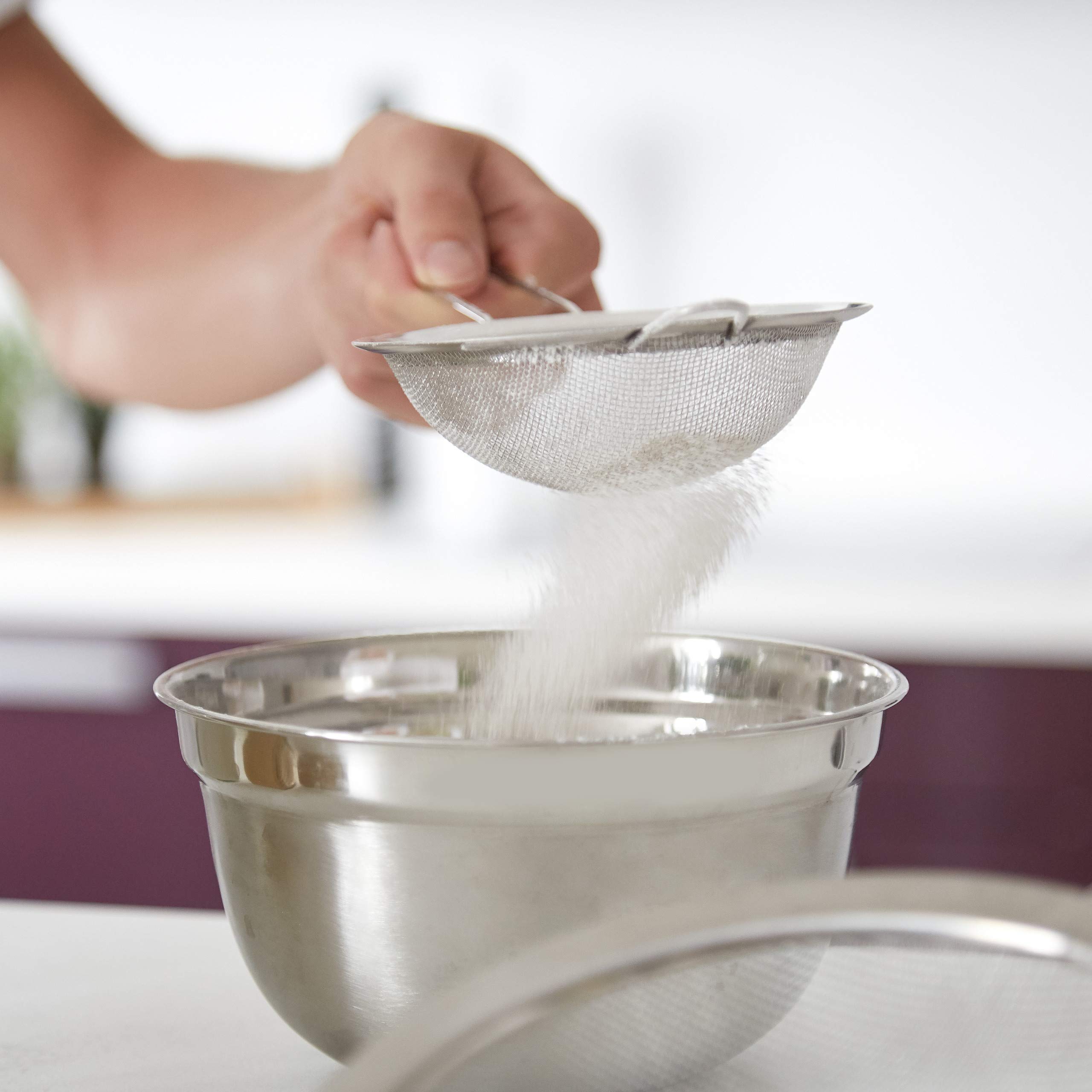 Zestaw sit kuchennych Relaxdays 3 szt., ∅ 7, 12 i 18 cm, z uchwytem, do mąki, cukru pudru, owoców, stal nierdzewna