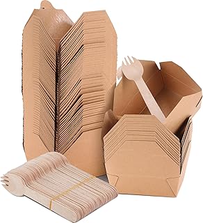Mifoci 50 Pack To Go Containers Food Take out Boxes with Wooden Fork 36.5 oz Kraft Brown Microwaveable Grease Resistant Ta...