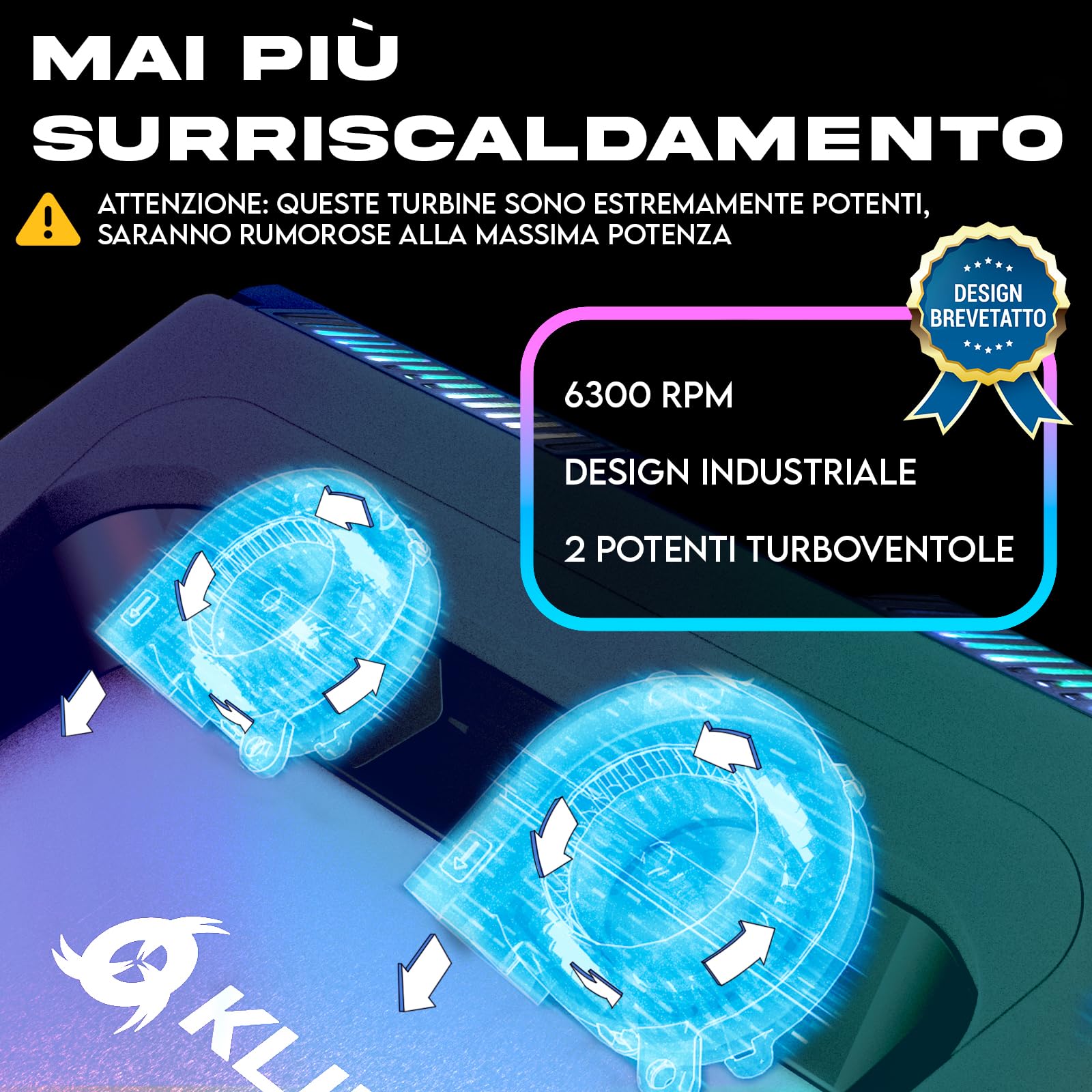 KLIM Everest Plus Base Raffreddamento Ventole PC Portatile Gaming 6300 RPM | Base raffreddamento PC DC con due ventole turbo, luci RGB, schiuma sigillata - raffredda veloce. Per portatili 11-17,3 poll.