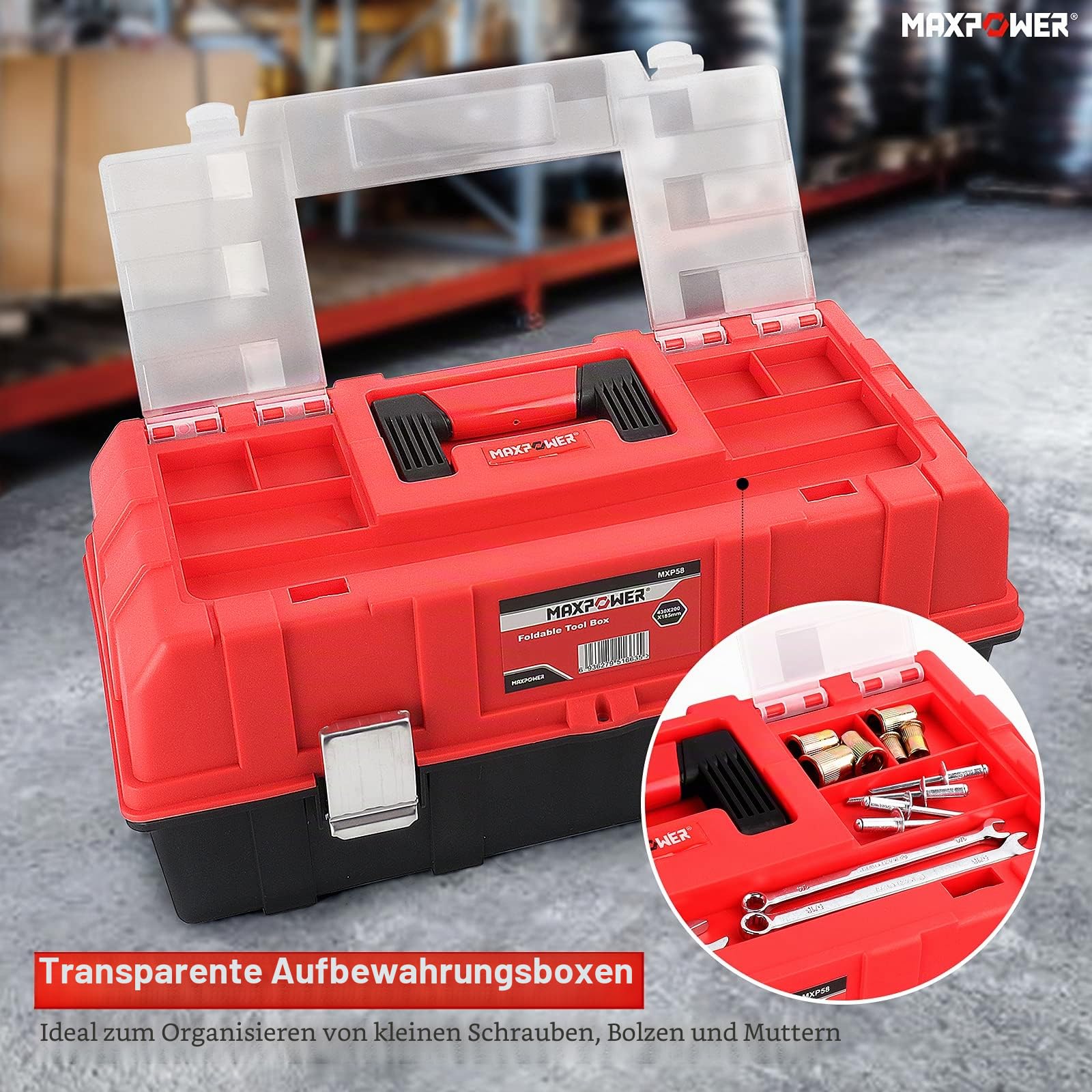 MAXPOWER Werkzeugkoffer leer, Werkzeugkiste groß mit 3 Laden, Werkzeugkasten 42 x 18 x 17 cm mit Metallverschluss, Werkzeugbox aus schlagfestem Kunststoff für Hobby, Heimwerker