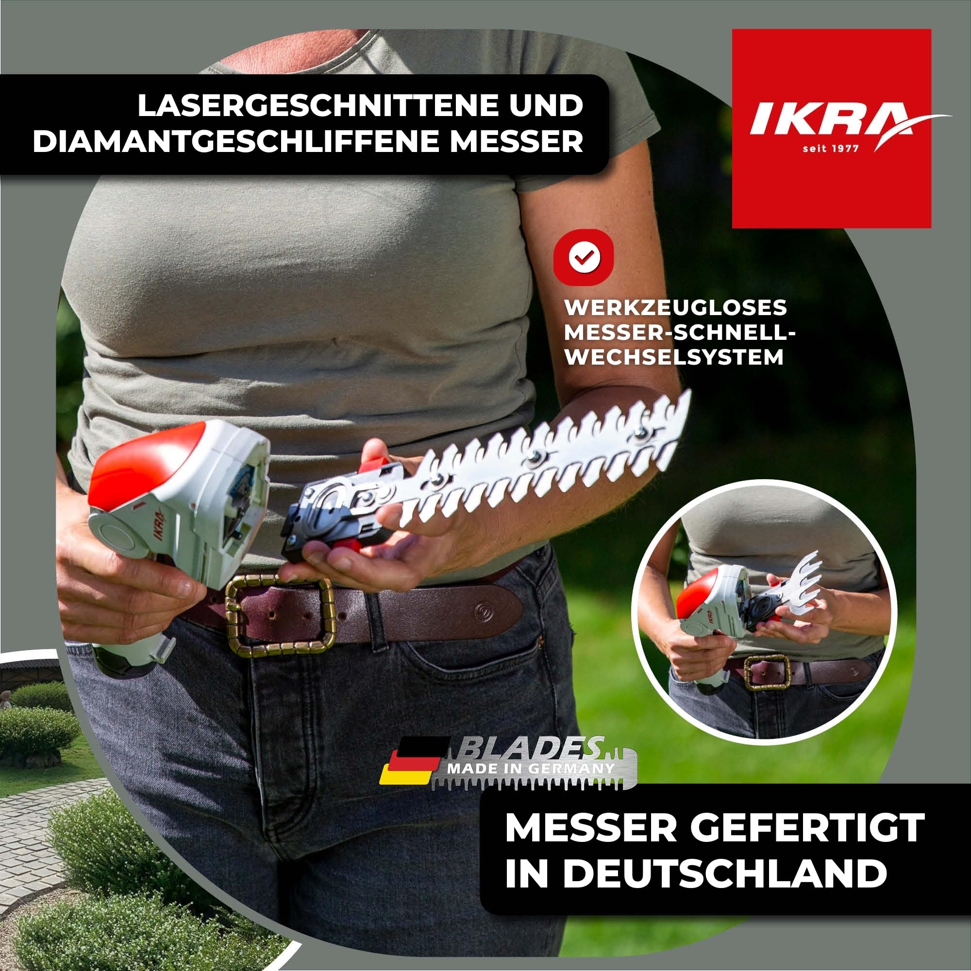 IKRA Akku Grasschere & Strauchschere IGBS 1210 2in1, inkl. Tasche | Inkl. Akku 12V & Ladegerät, 7-fach winkelverstellbarer Griff, Messer Made in Germany, kompatibel mit IKRA 12V Akku-Familie