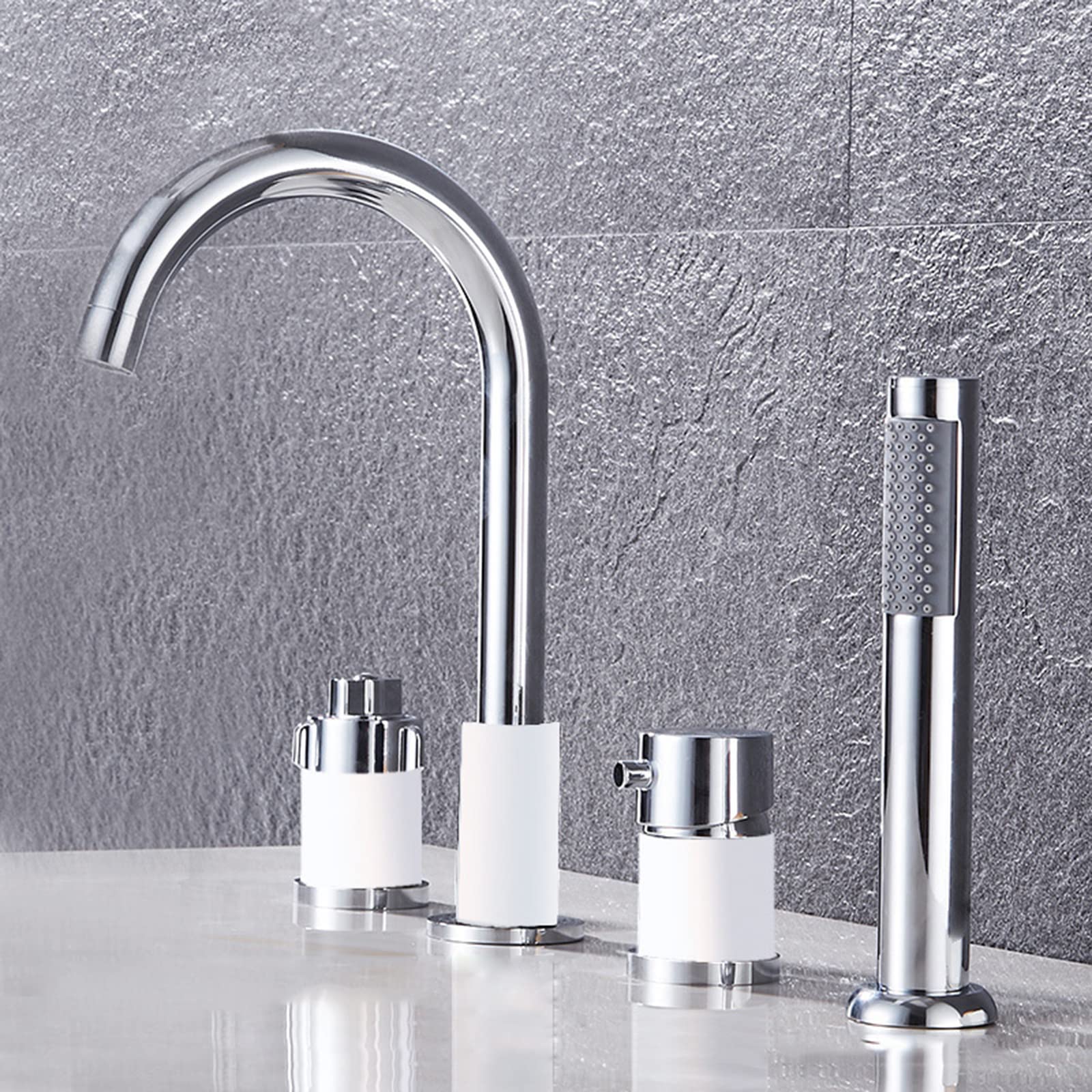 Miscelatore per vasca e doccia Miscelatore per vasca a 4 fori con doccetta Rubinetto per vasca a collo di cigno per bagno Soffione doccia e set di tubi flessibili per rubinetti da vasca, Cromo+Bianco