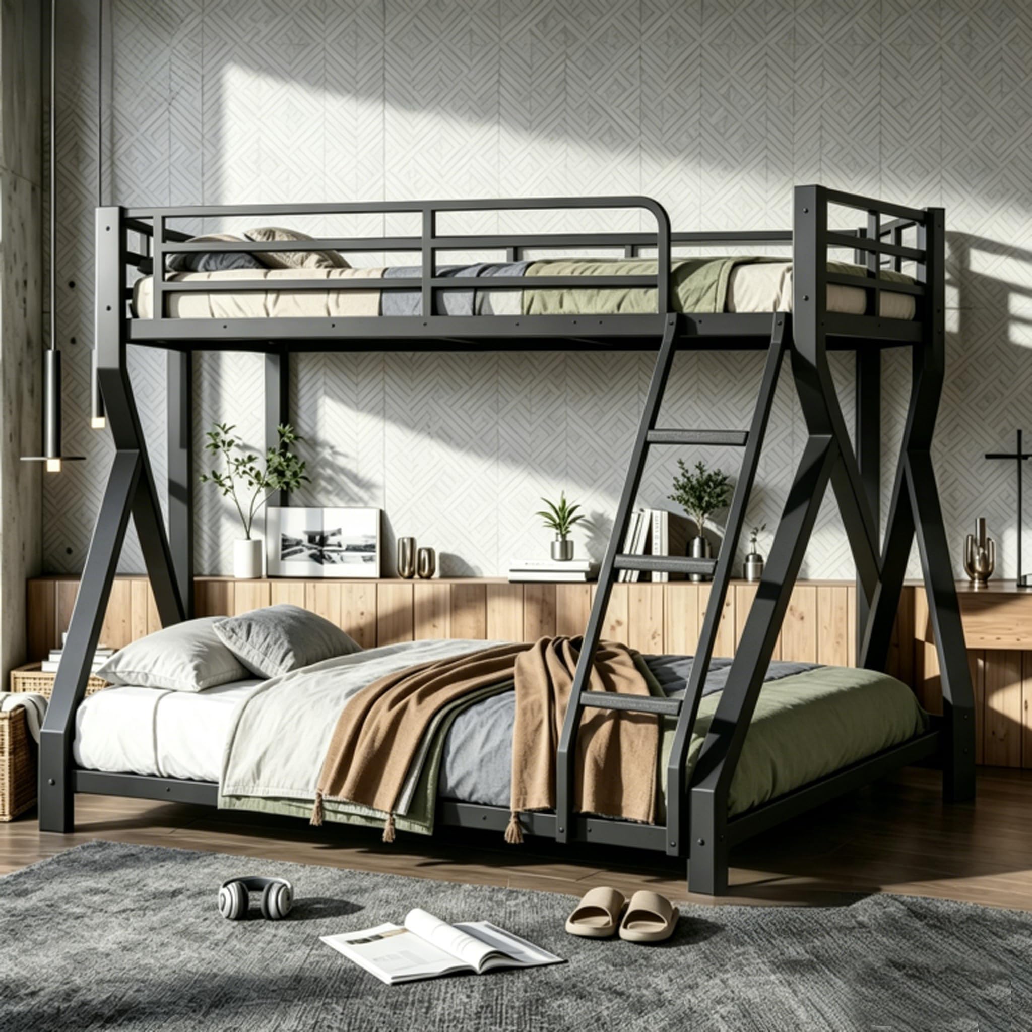 Assembled Bellemave Twin XL Over Queen Floor Bunk Bed in black metal
