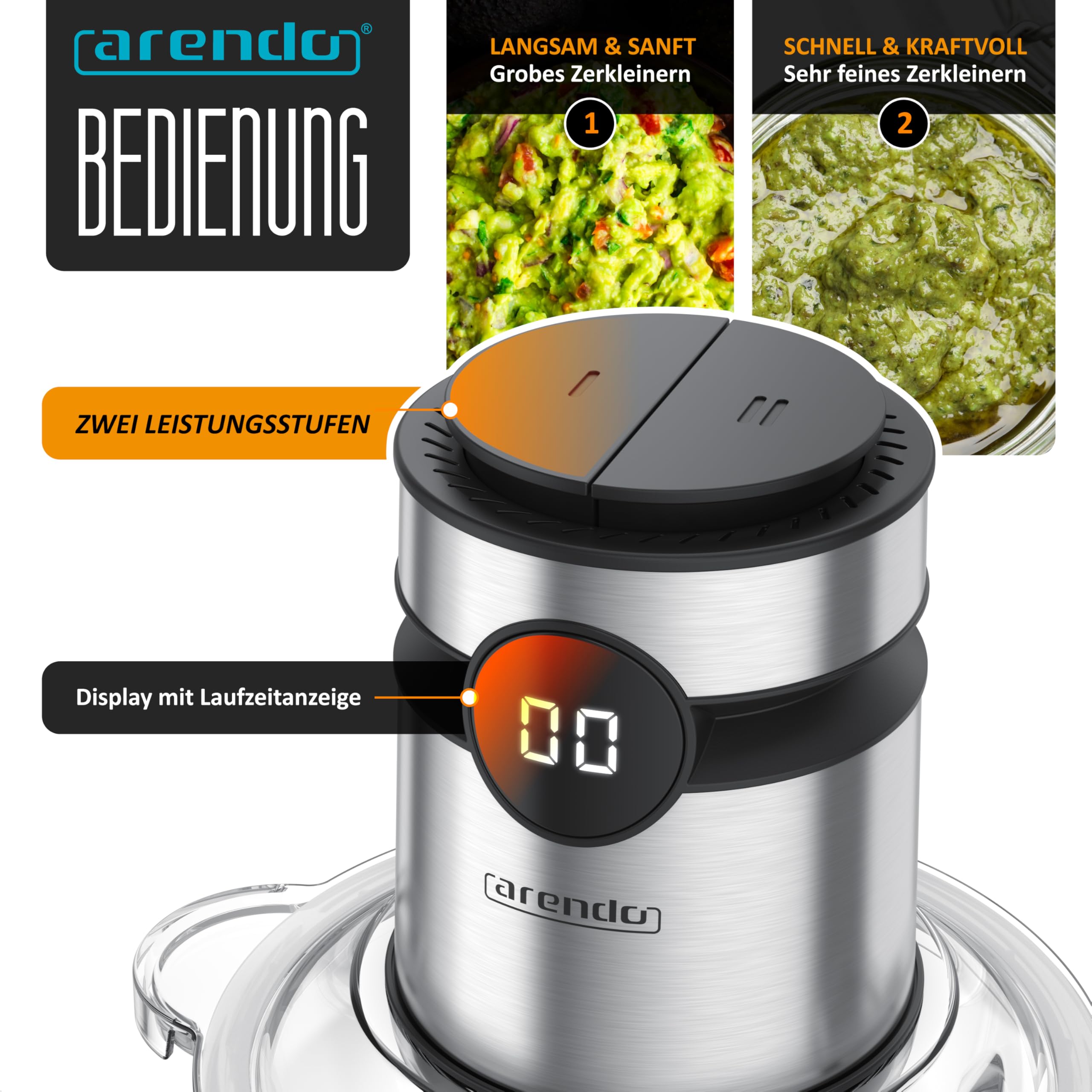 Arendo - Multi Zerkleinerer Küche elektrisch Edelstahl – extra starker 500 W Motor – 2 L Fassungsvermögen – Glas Behälter – mit Edelstahl-Mixbehälter – für Fleisch Nüsse Obst Gemüse u.v.m.
