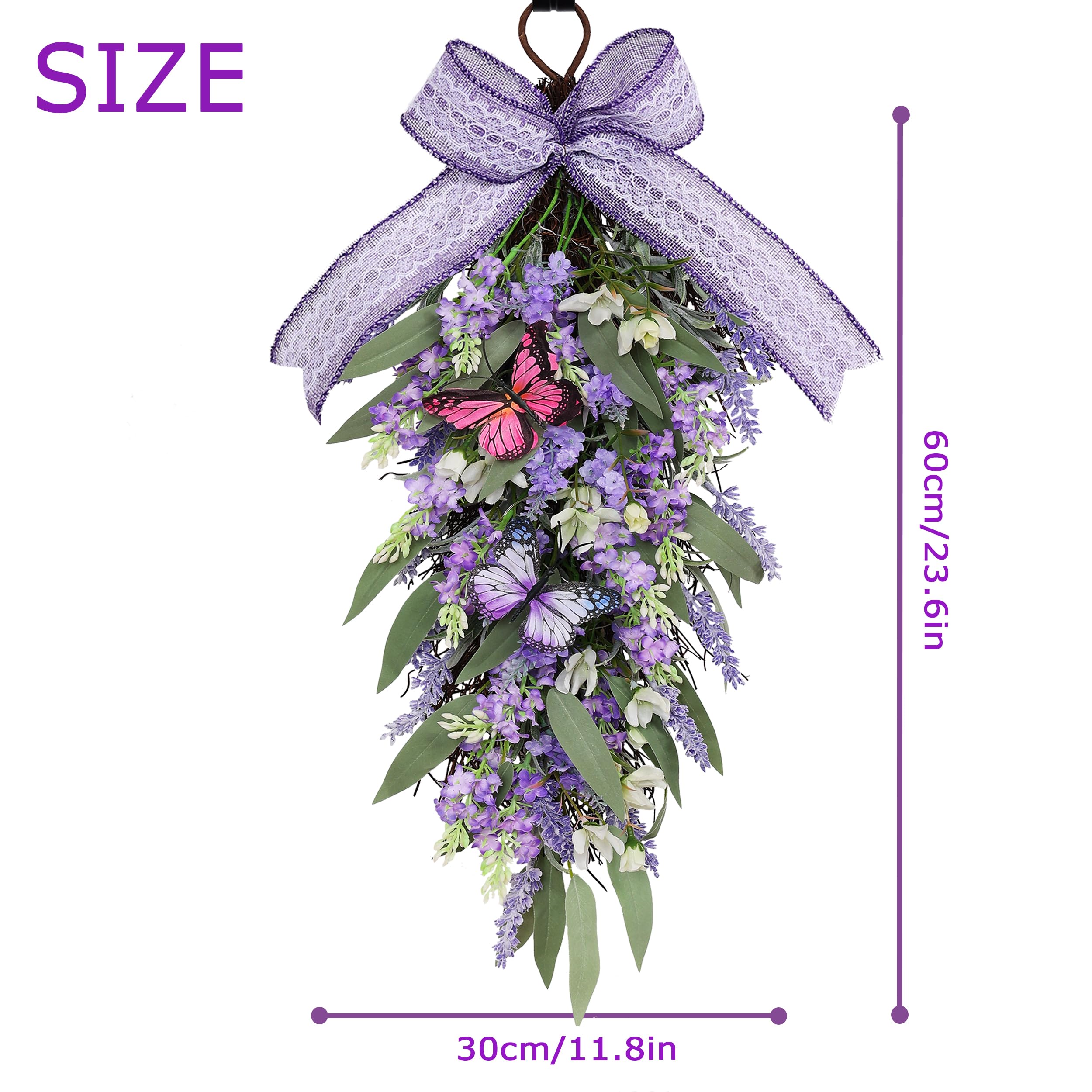 Condition photo showing As Is for jusdreen led teardrop floral wreath with butterflies, faux lavender hanging decor with lights for farmhouse home