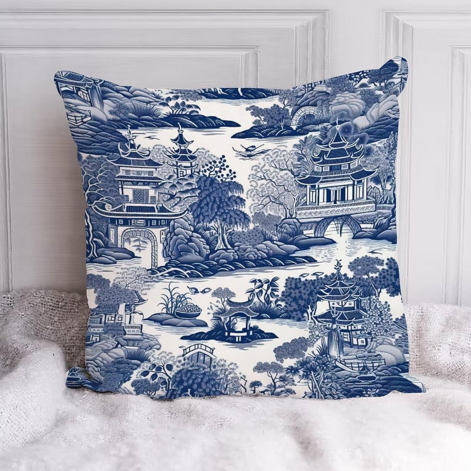 Set of 2 Chinese Style Blue And White Porcelain Decorative Throw Pillow Covers , Chinese Style Blue And White Porcelain Cushion Covers Pillow Case for Home Office Sofa Decor, Square 18 X 18 Inch