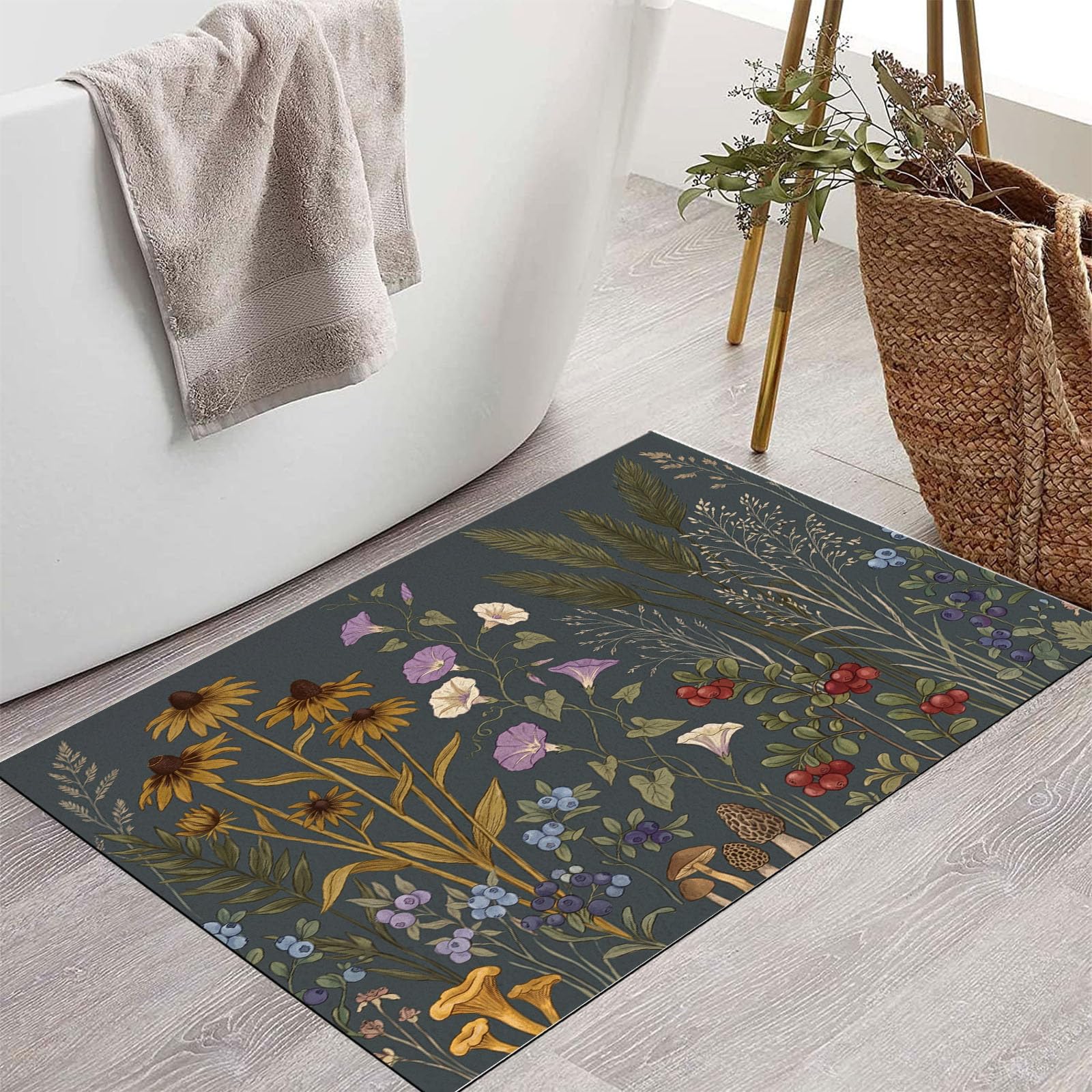 60X90Cm Zerbino Ingresso Interno Antiscivolo Assorbente, Tappeto Microfibra Sottile Lavabile Con Silhouette Retrò Fiori Selvatici Piante Naturali Rurali Per Cucina Bagno Porta Animali, Antracite