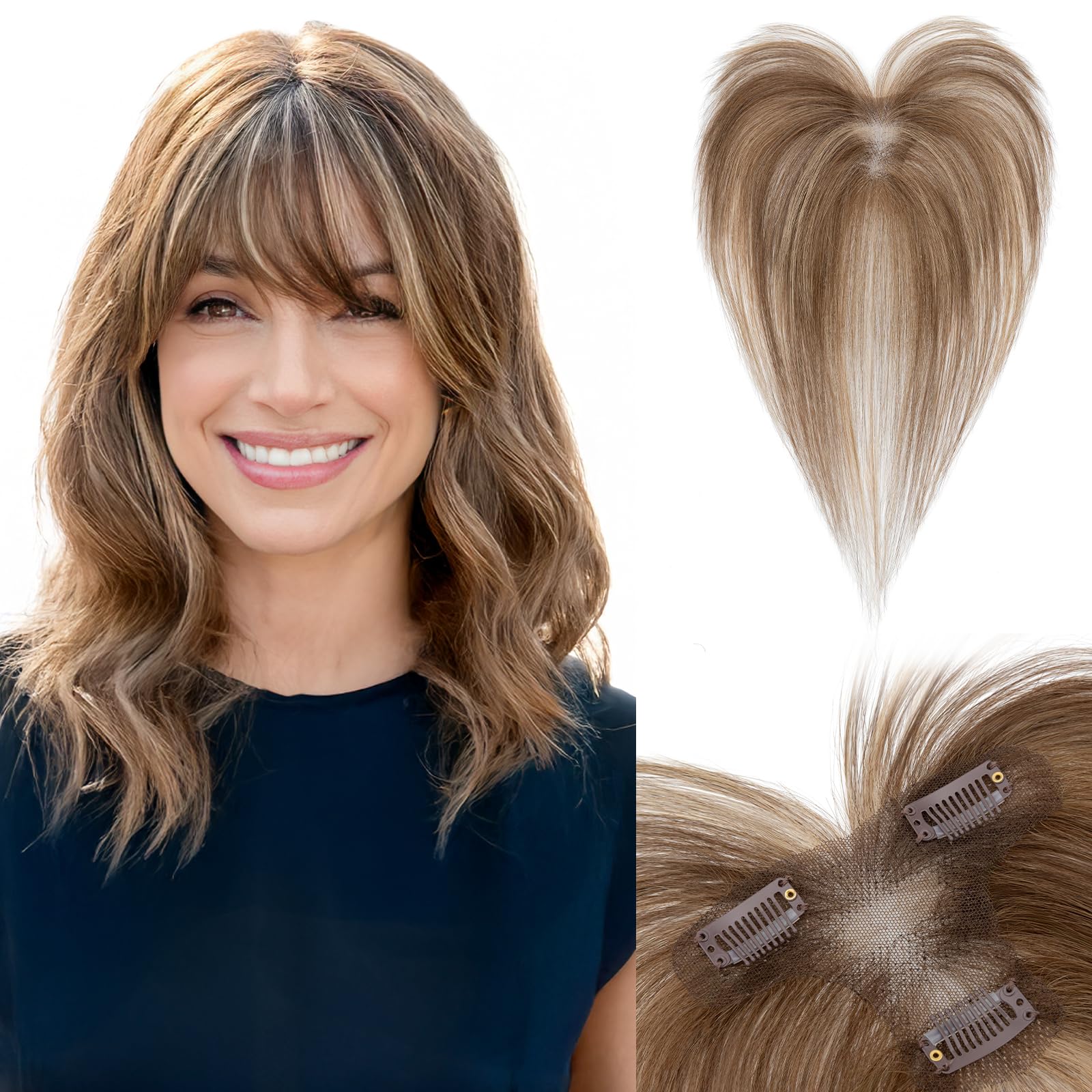 Echthaar Hair Topper für Frauen mit Wispy Pony - Mittelbraun/Dunkelblond Toppers 100% Echtes Haar Clip in Topper Menschliches Haar Top Hat T Spitze Basis für mit Dünnem 13 Gramm