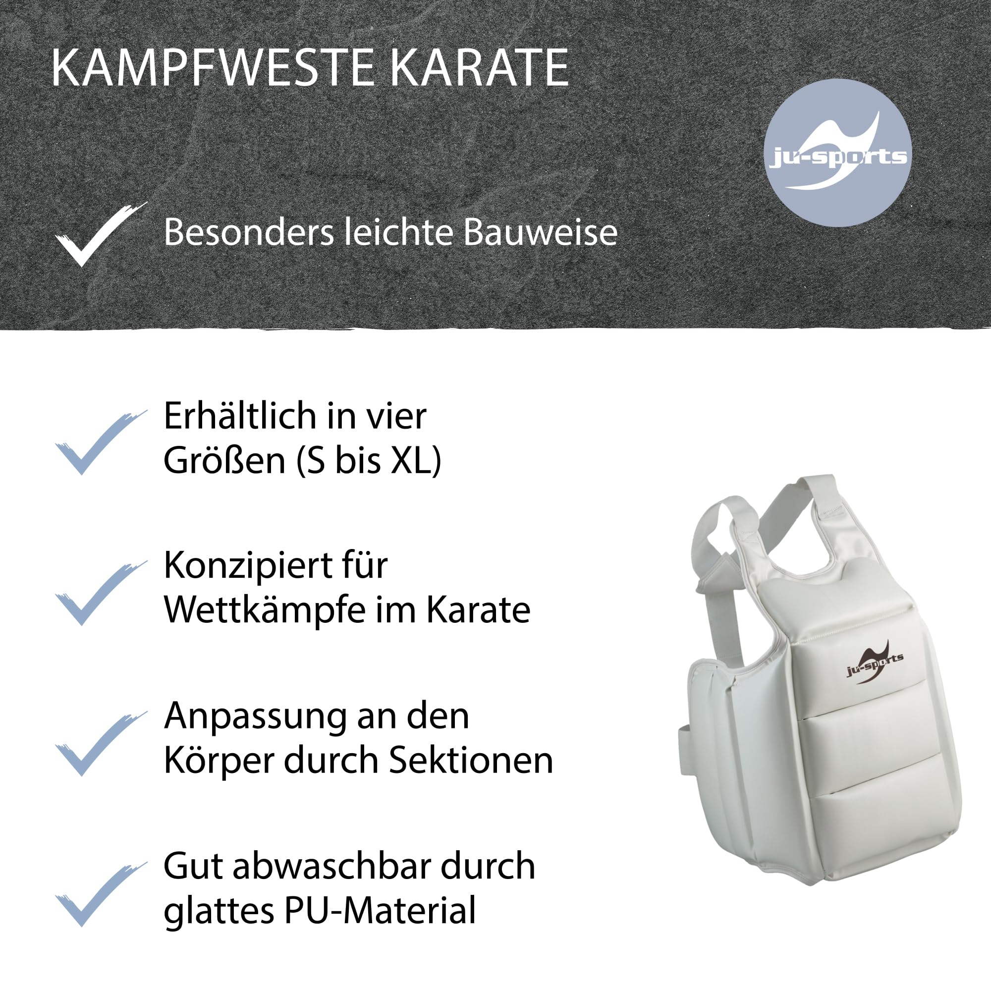 Ju-Sports Kampfweste Karate - weiß I Leichte Weste für Karate Wettkämpfe I Schnell anzulegende Kampfweste die optimal sitzt I PU-Material, Größe S-XL