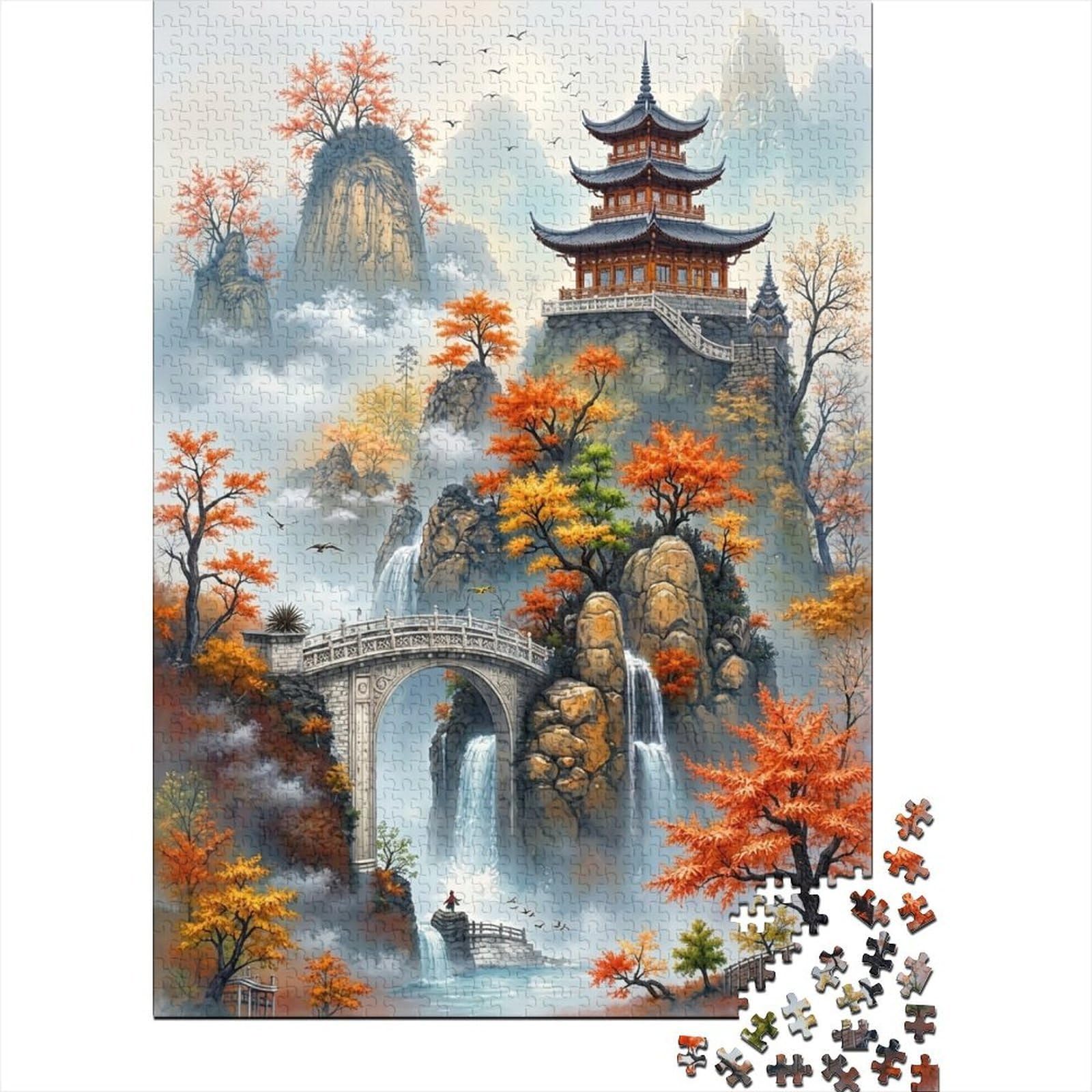Uxinyoume Style-5 3D Printed Autumn Mountain Fitted Sheet Microfiber Soft Waterfall Pagoda Mattress Cover For Bedroom Decor Protection 90X200x25cm
