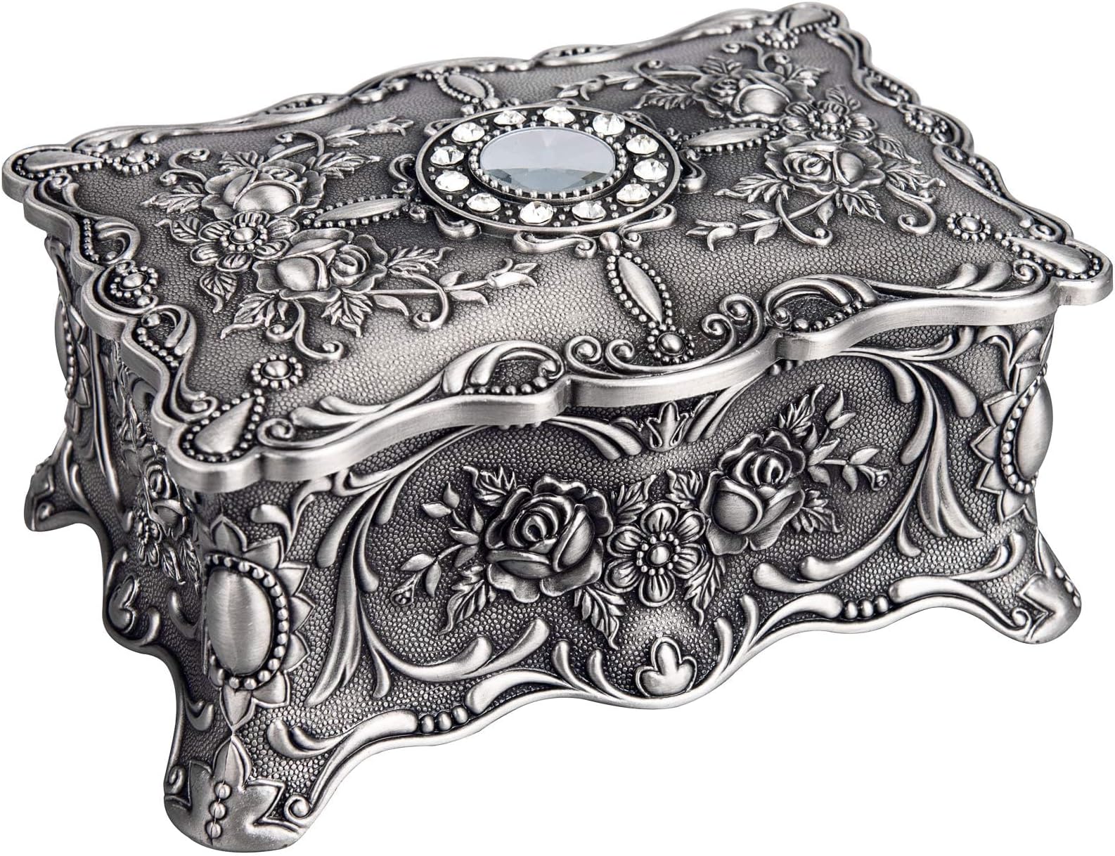 Feyarl Vintage Trinket Jewelry Box Ring Earring Necklace Treasure Chest Case Classic Organizer Keepsake Box Ornate Antique Decorative Box for Girl Women Birthday Wedding Gift(pewter)