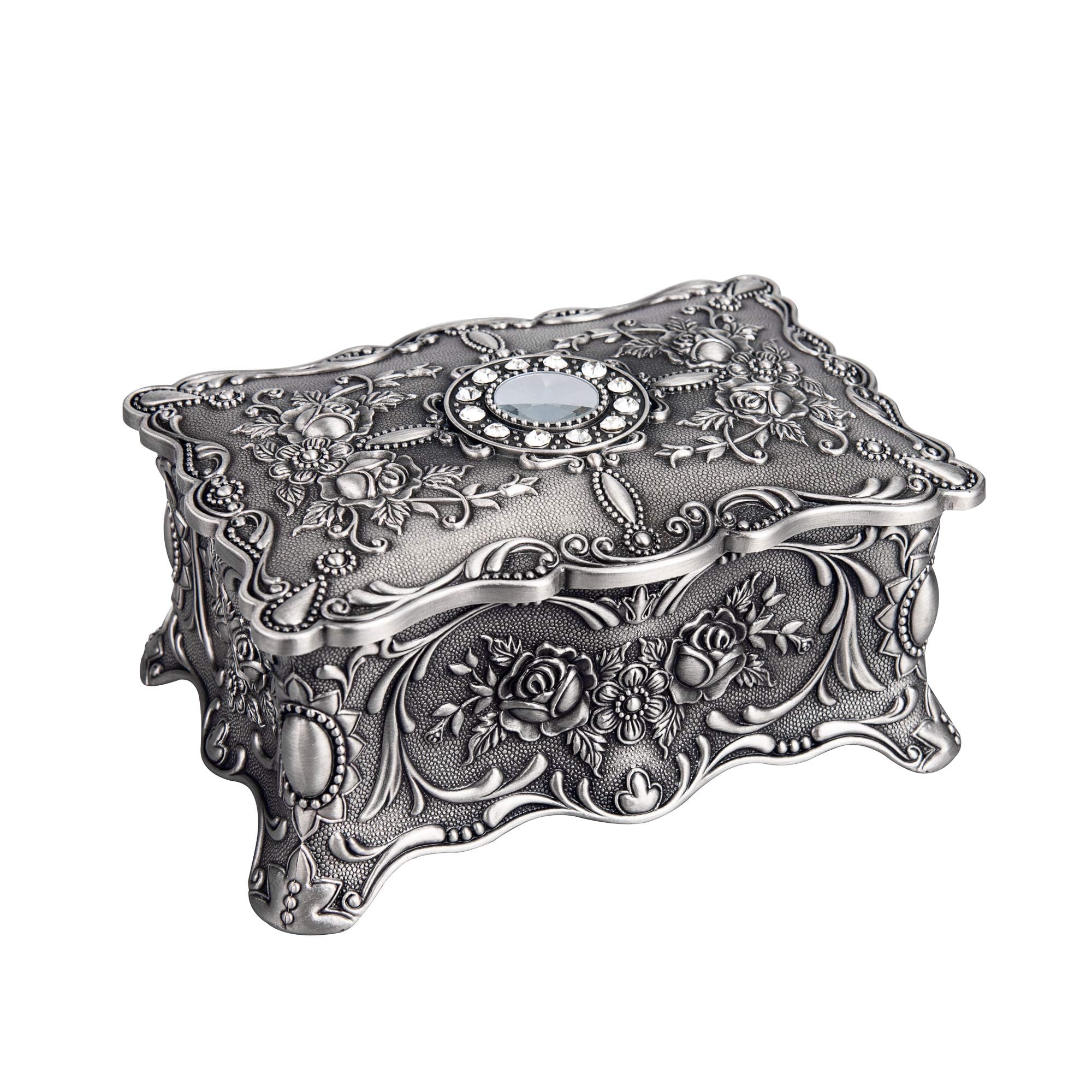 Feyarl Vintage Trinket Jewelry Box Ring Earring Necklace Treasure Chest Case Classic Organizer Keepsake Box Ornate Antique Decorative Box for Girl Women Birthday Wedding Gift(pewter)
