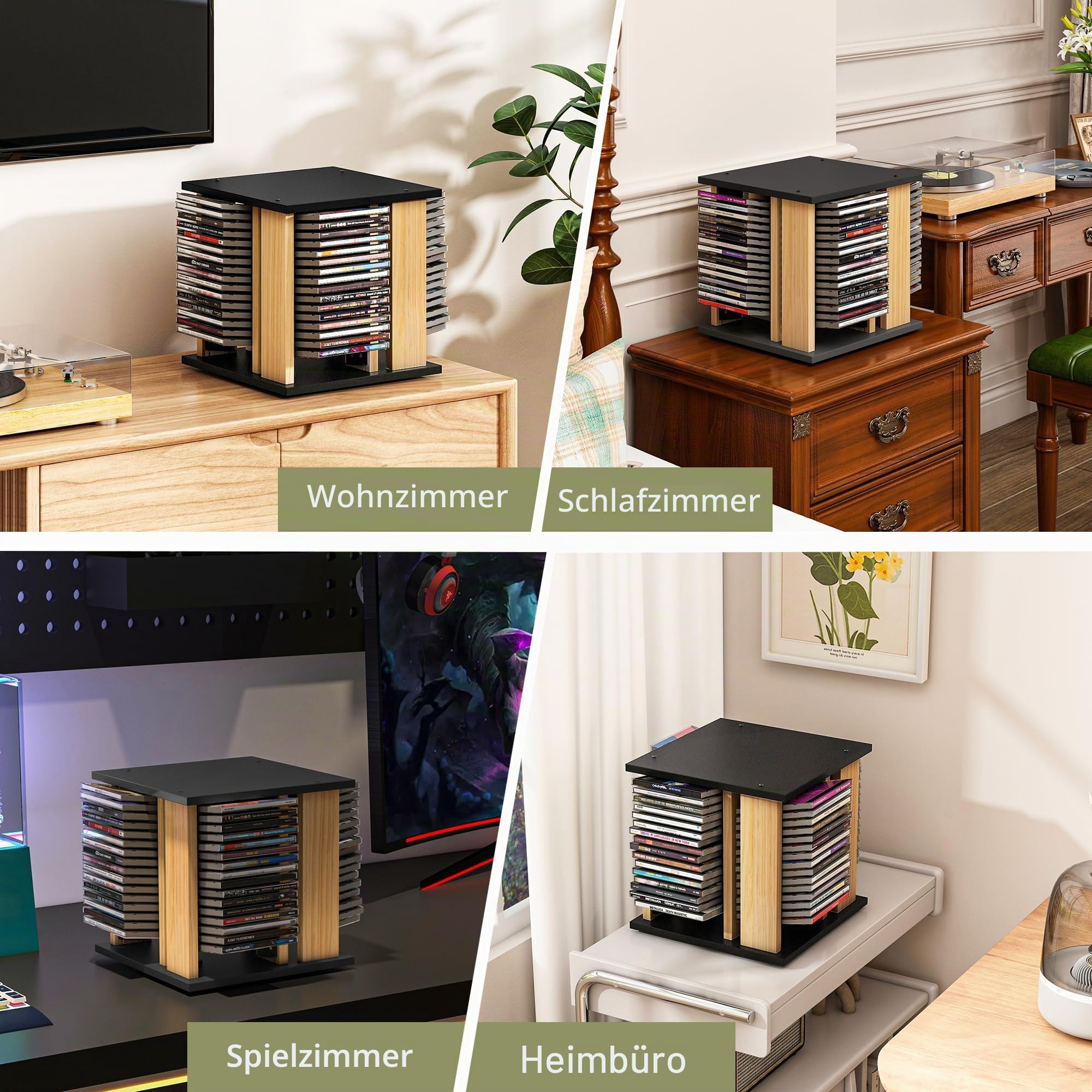 WelFurGeer CD-Aufbewahrungsregal aus Massivholz, um 360 ° drehbarer CD-Hüllenhalter - Halten Sie bis zu 68 CD-Hüllen, DVD-Hüllen-Aufbewahrungsregal, CD/DVD-Organizer-Regal für Zuhause, Büro, Theater